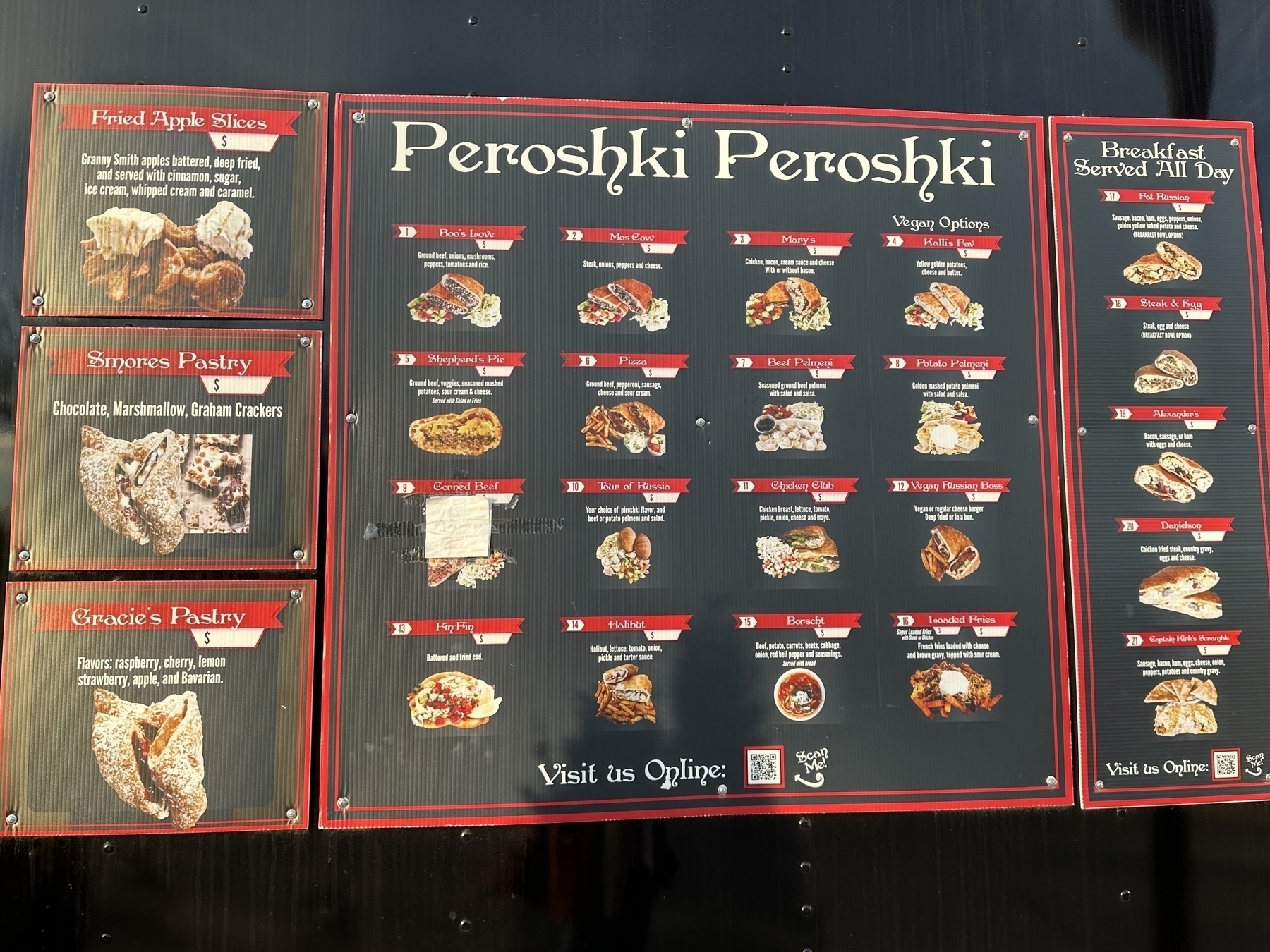 A menu board displays various types of pastries and breakfast items from Peroshki Peroshki.