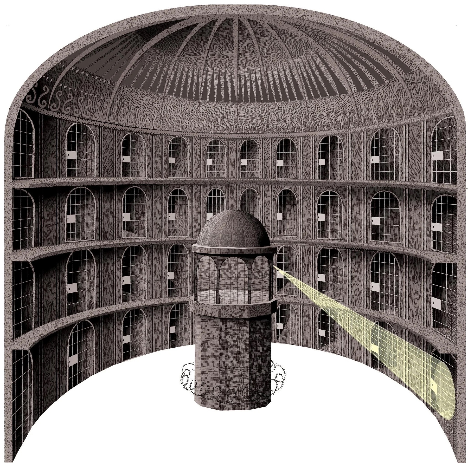 A large, circular prison interior with multiple cells and a central watchtower from which a beam of light projects.