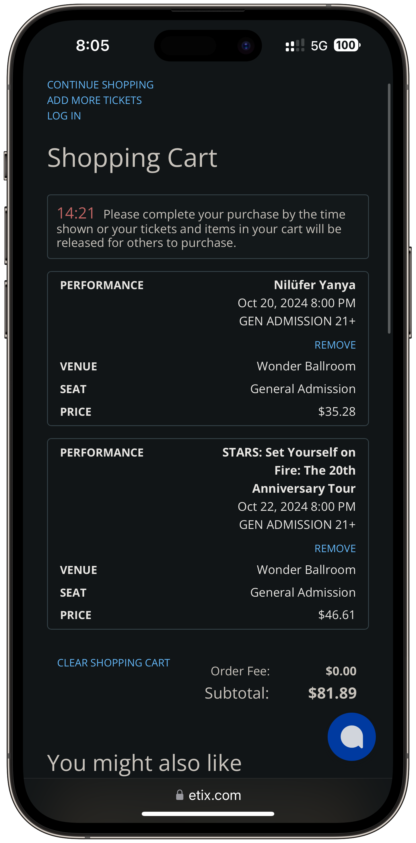 A smartphone screen displays a shopping cart for concert tickets on October 20 and October 22, 2024, with a countdown timer and a subtotal of $81.89.