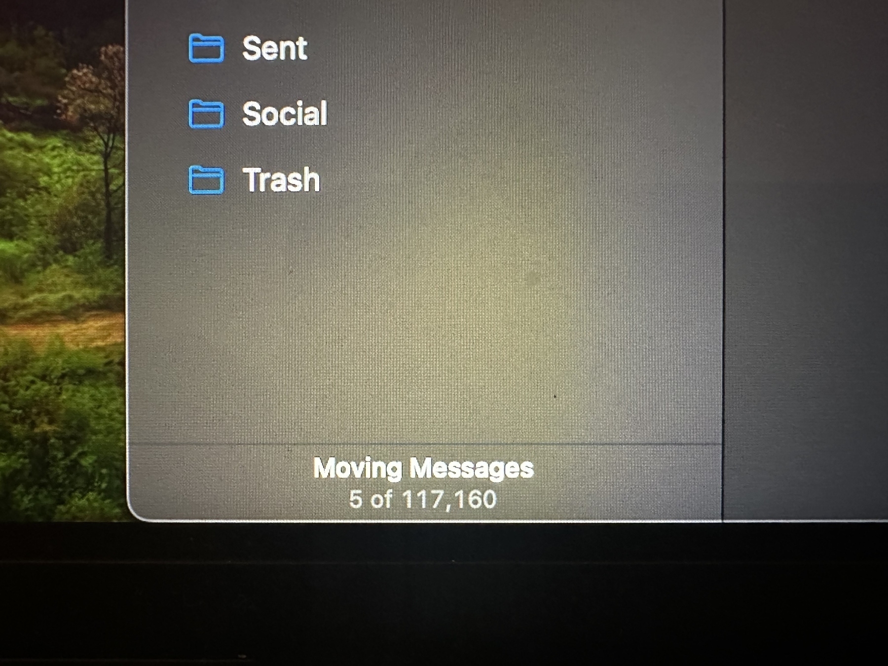 A screen displays an email application moving 5 out of 117,160 messages, with folders labeled Sent, Social, and Trash visible.