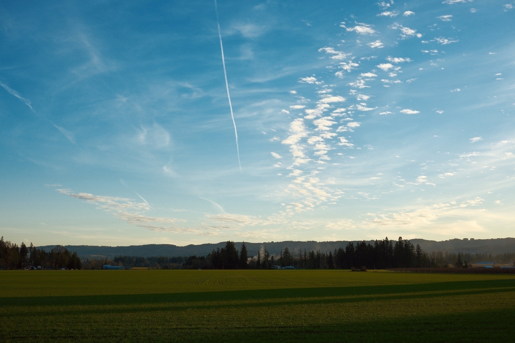 A vast green field stretches under a blue sky, accented by wispy clouds and distant hills.