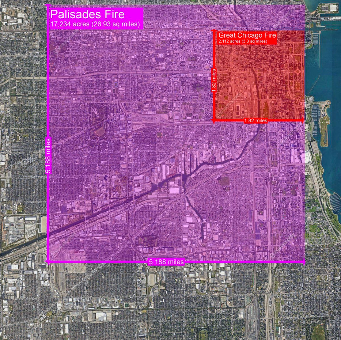 A satellite map compares the areas of the Palisades Fire, and the Great Chicago Fire, with color-coded overlays and size measurements.