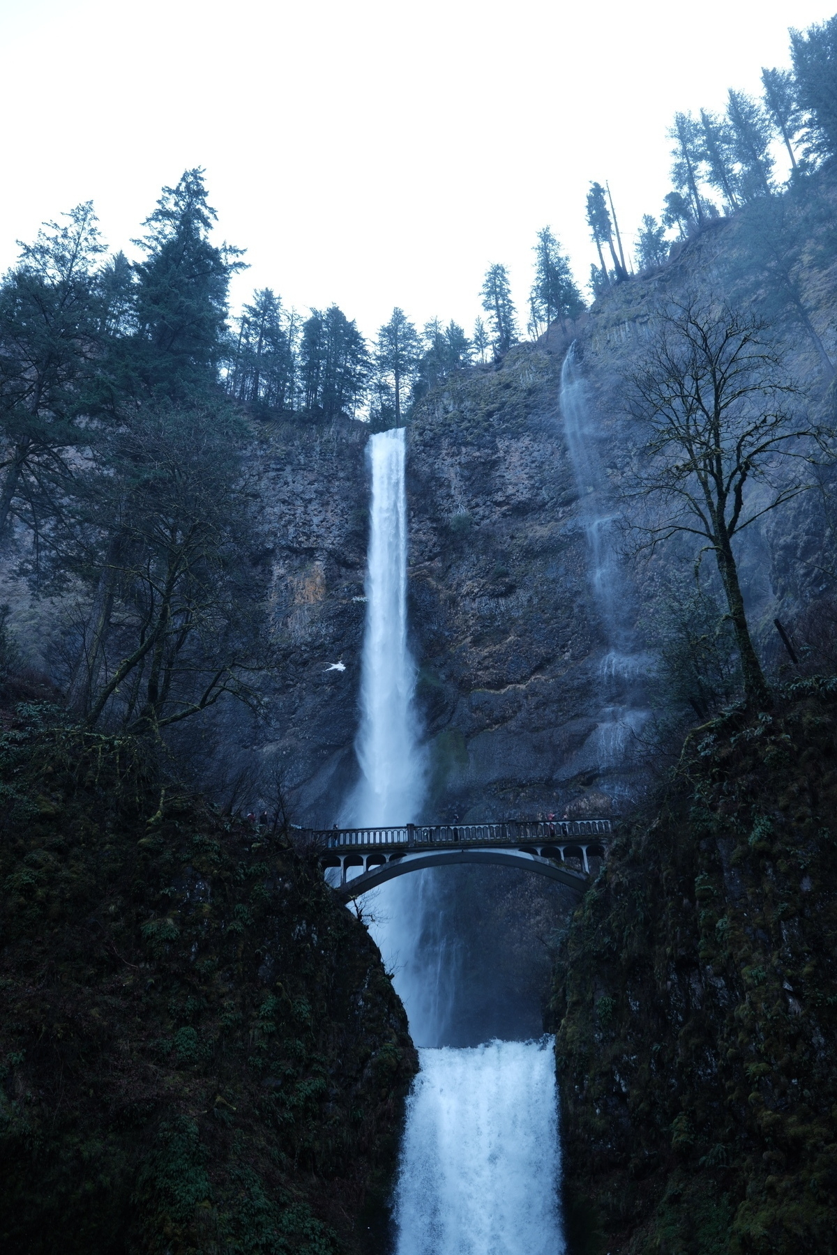 A tall waterfall cascades down a rocky cliff with a bridge spanning across the lower section.