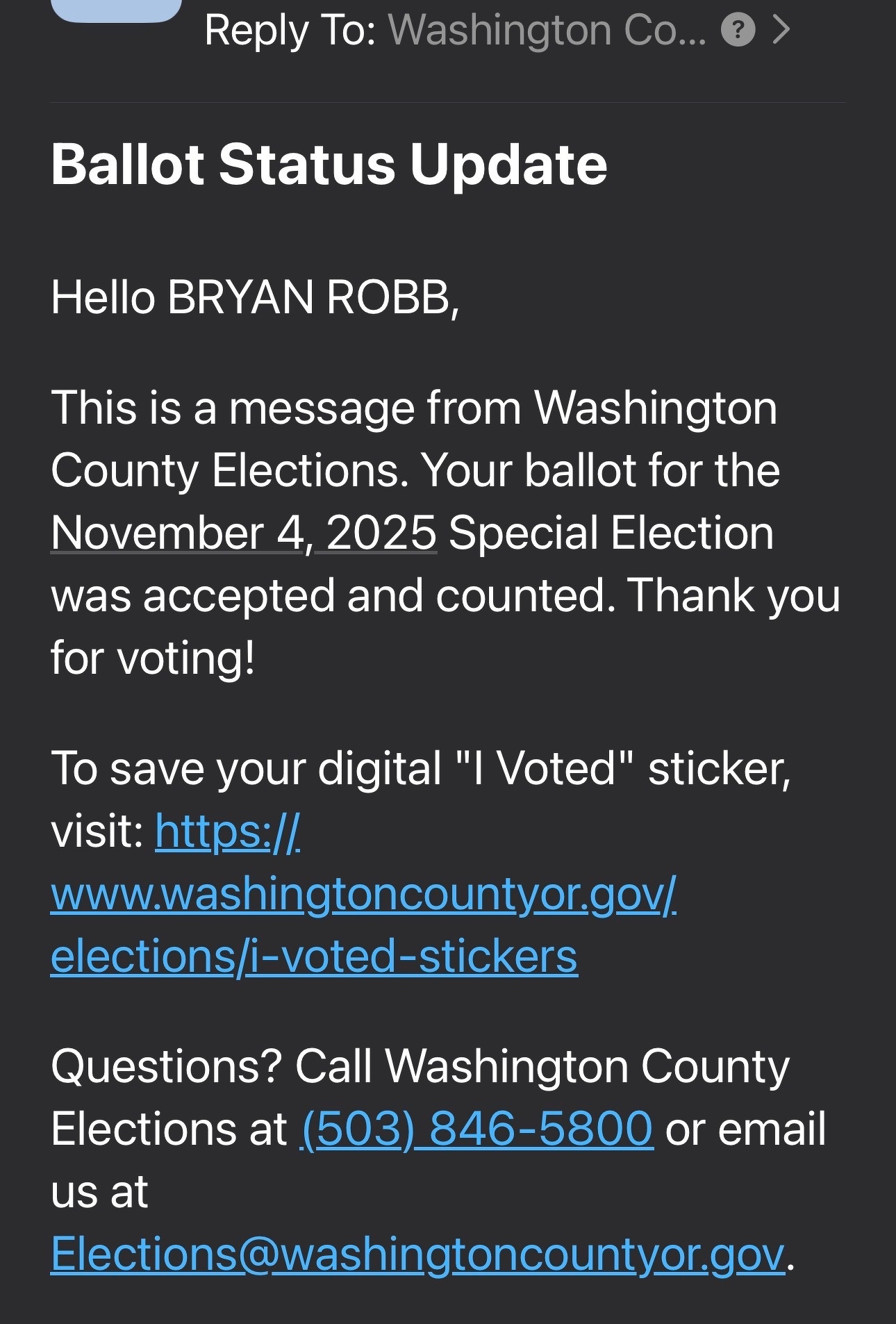 A ballot status update from Washington County Elections confirms that a voter's ballot was accepted and counted for the November 4, 2025, special election.