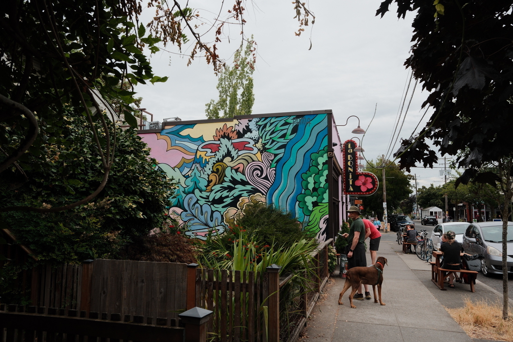 A vibrant mural featuring abstract natural elements decorates the side of a building on a street with people, trees, and a dog.