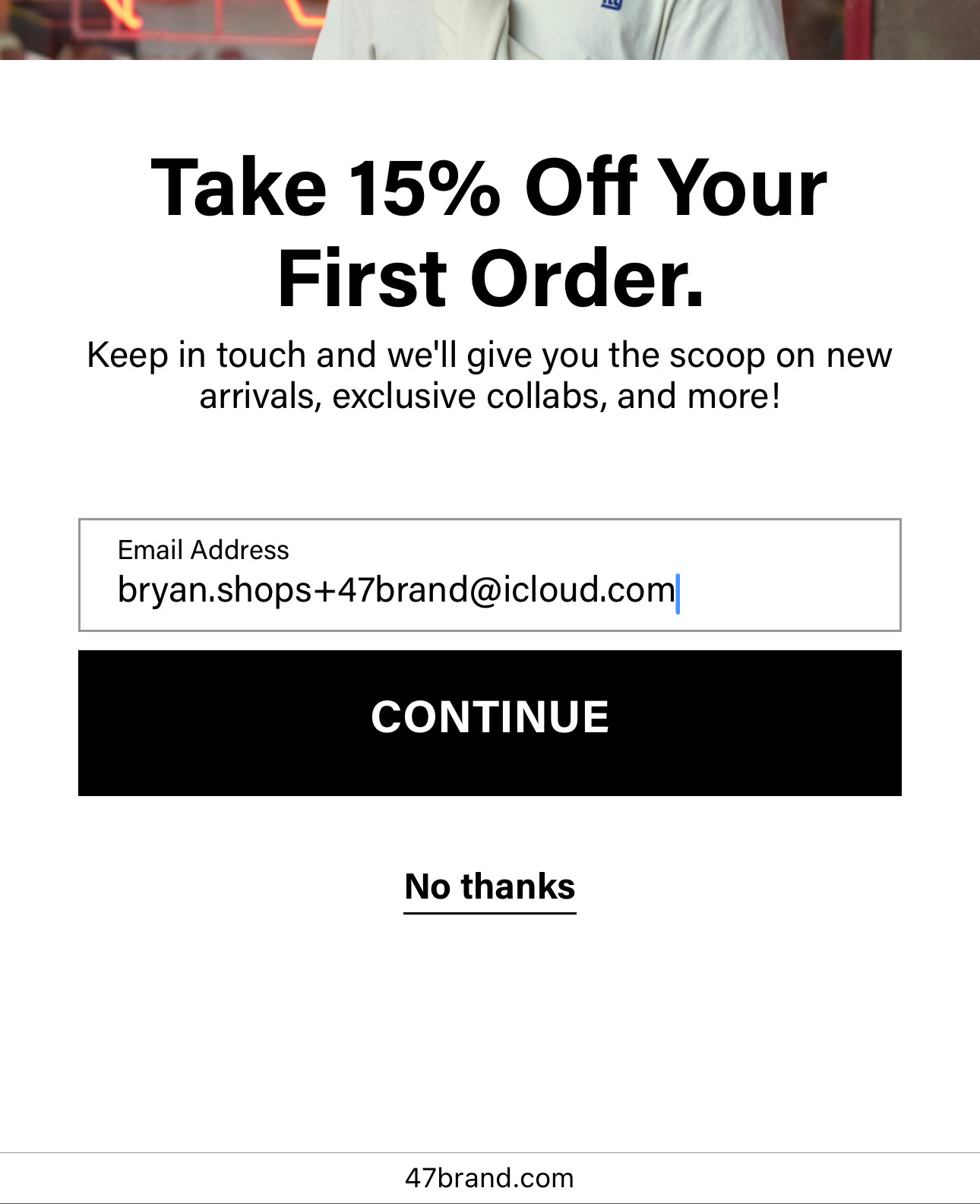 A promotional offer for 15% off a first order is displayed with a field for entering an email address and options to continue or decline.