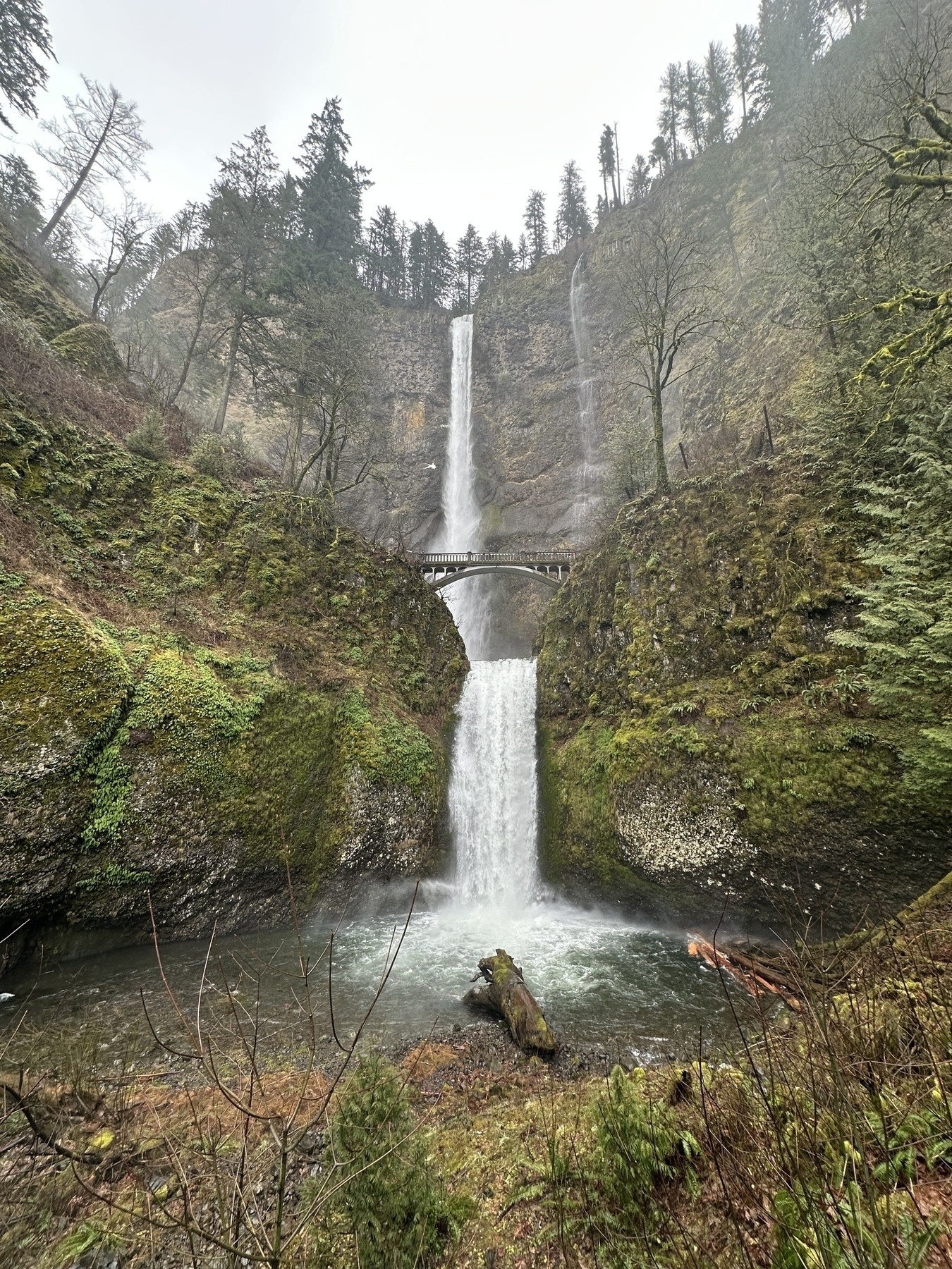 A stunning two-tiered waterfall cascades down a mossy, forested cliff with a footbridge spanning the space between the upper and lower falls.