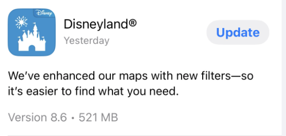 Disneyland App update in the Apple app store