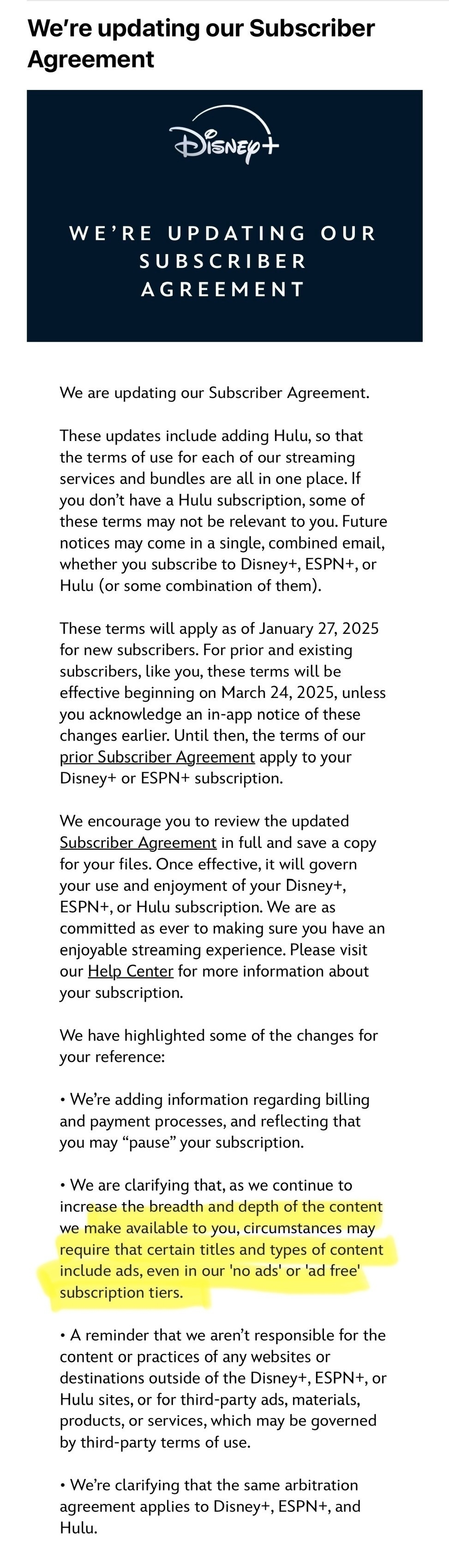 Screenshot of Disney+ terms and conditions update 