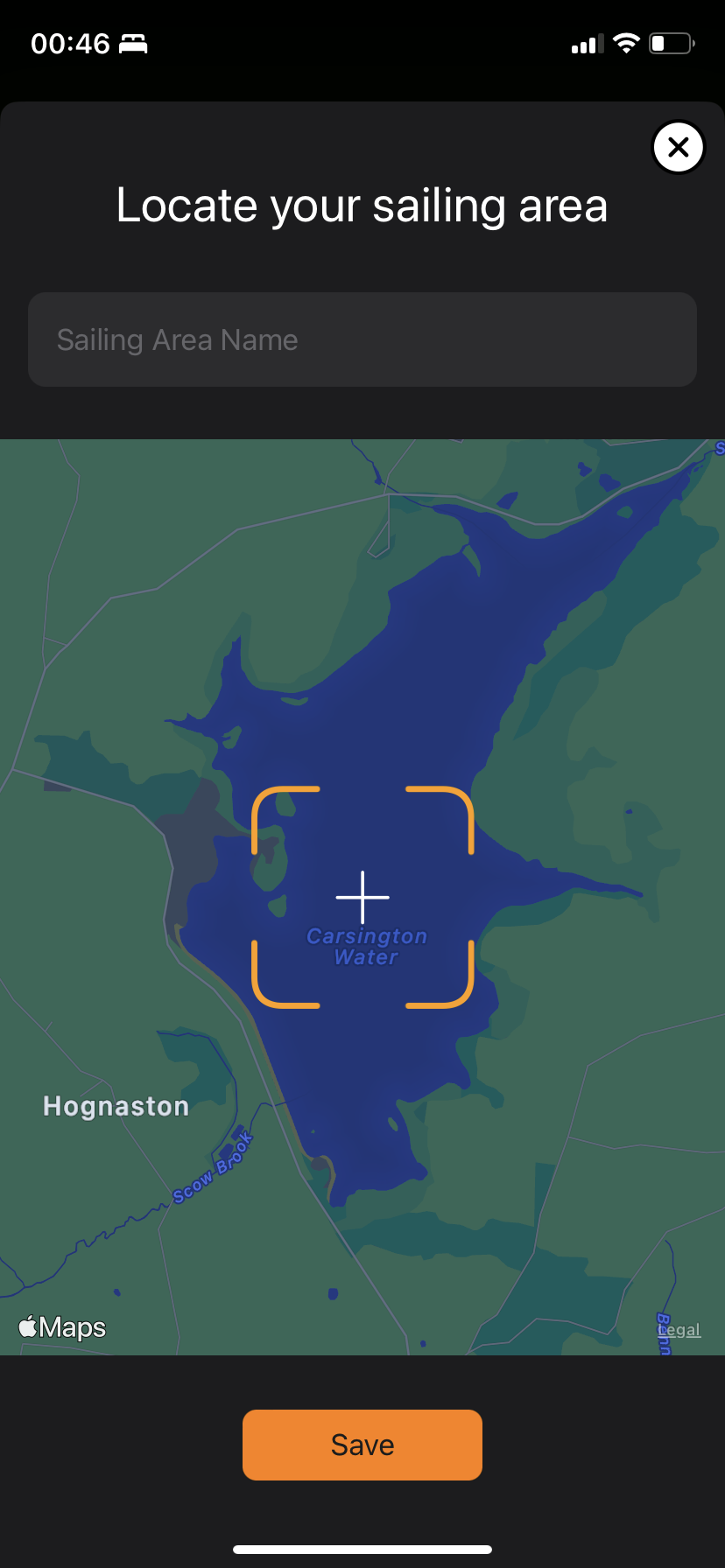 Screenshot of an iOS app in development. Locate your sailing area title above a text box, map with a reticule and save button.
