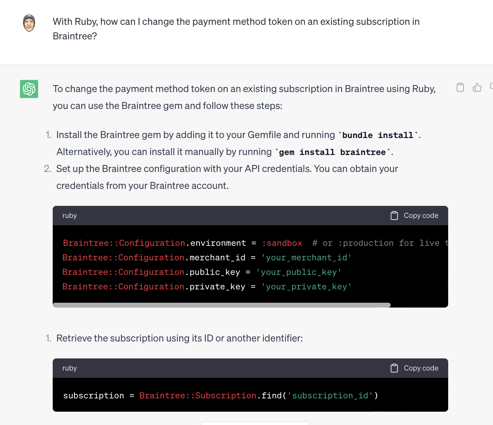 Code showing how to update the payment method on a subscription in Braintree
