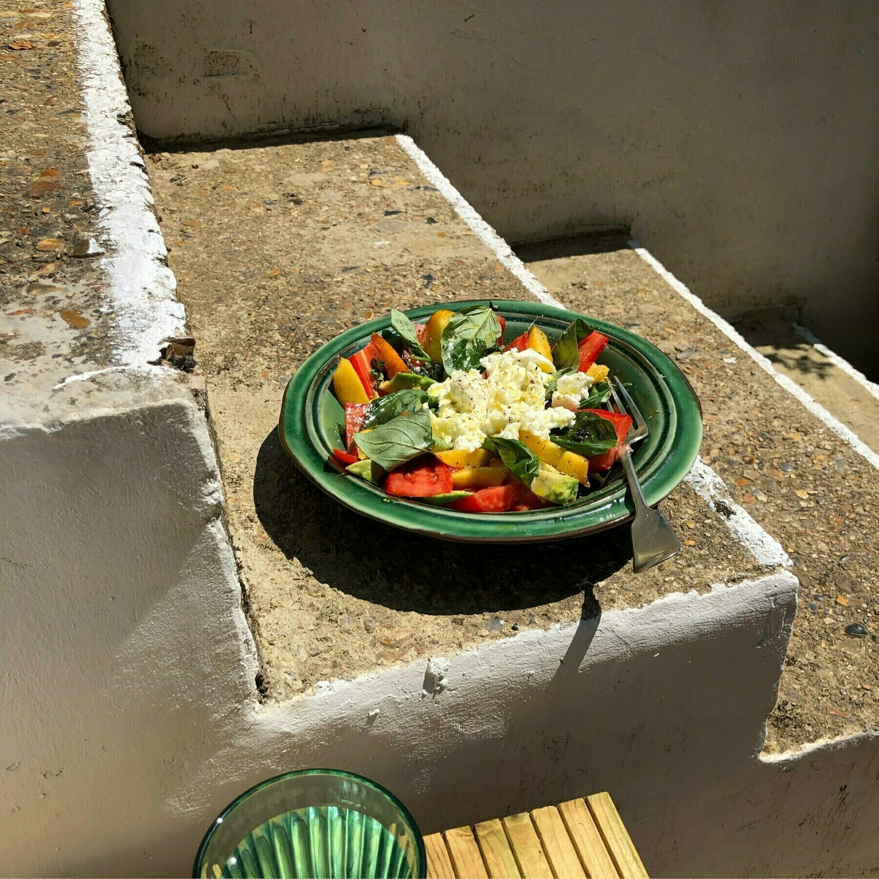 Lunch on a green plate on my doorstep
