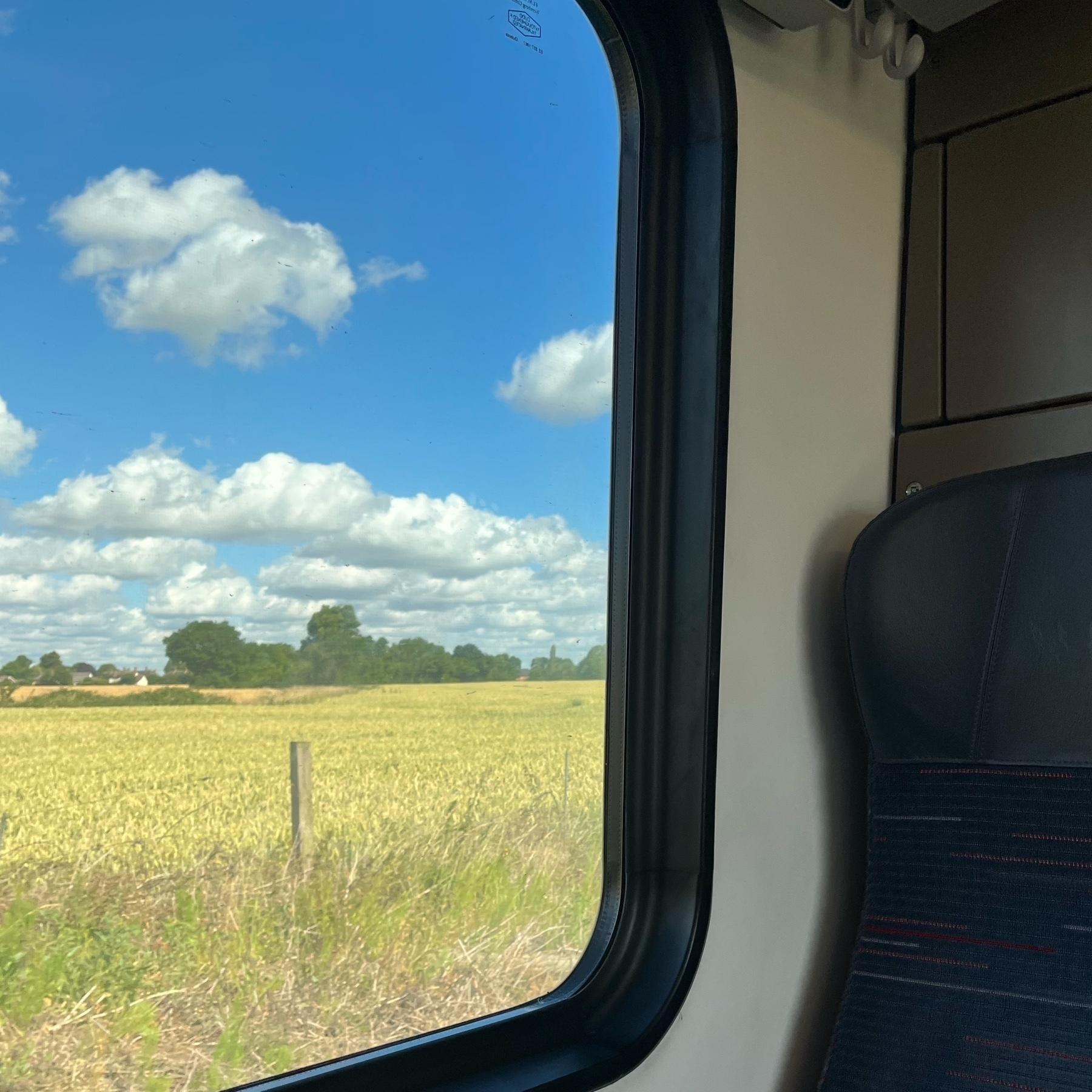 Train window with background of a green field with the seat next to the window