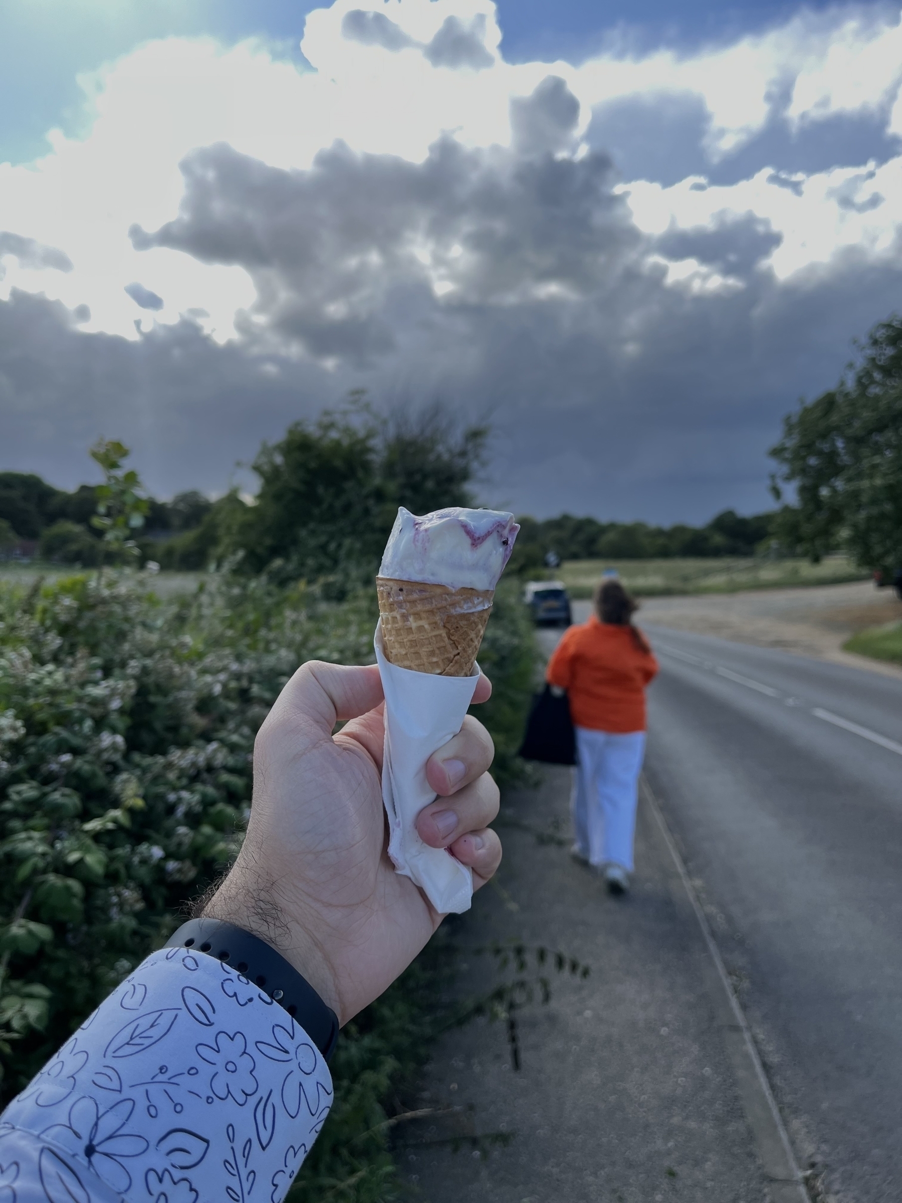 Ice cream on my hand looking at a road with greenery on the sides