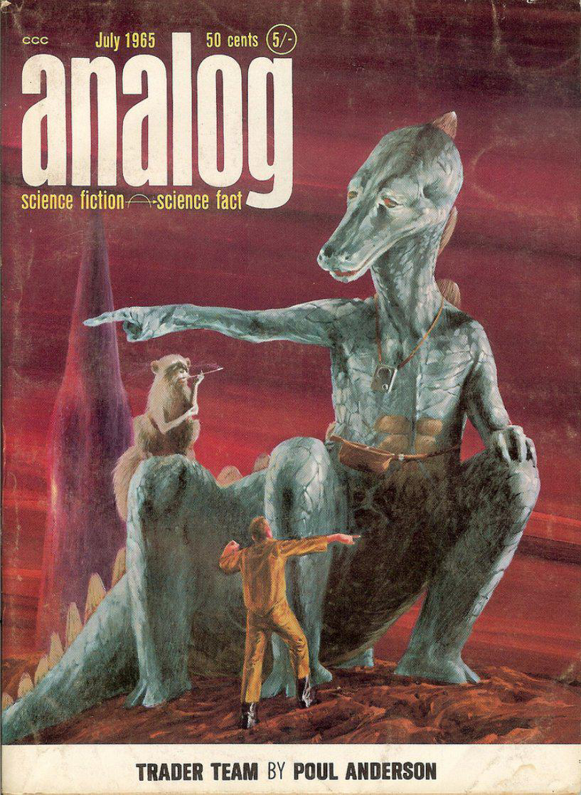 Cover of July 1965 issue of Analog Science Fiction and Fact magazine, featuring an illustration for “Trader Team” by Poul Anderson. The artwork depicts a large, blue anthropomorphic reptilian creature sitting with a dog-like creature on its shoulder