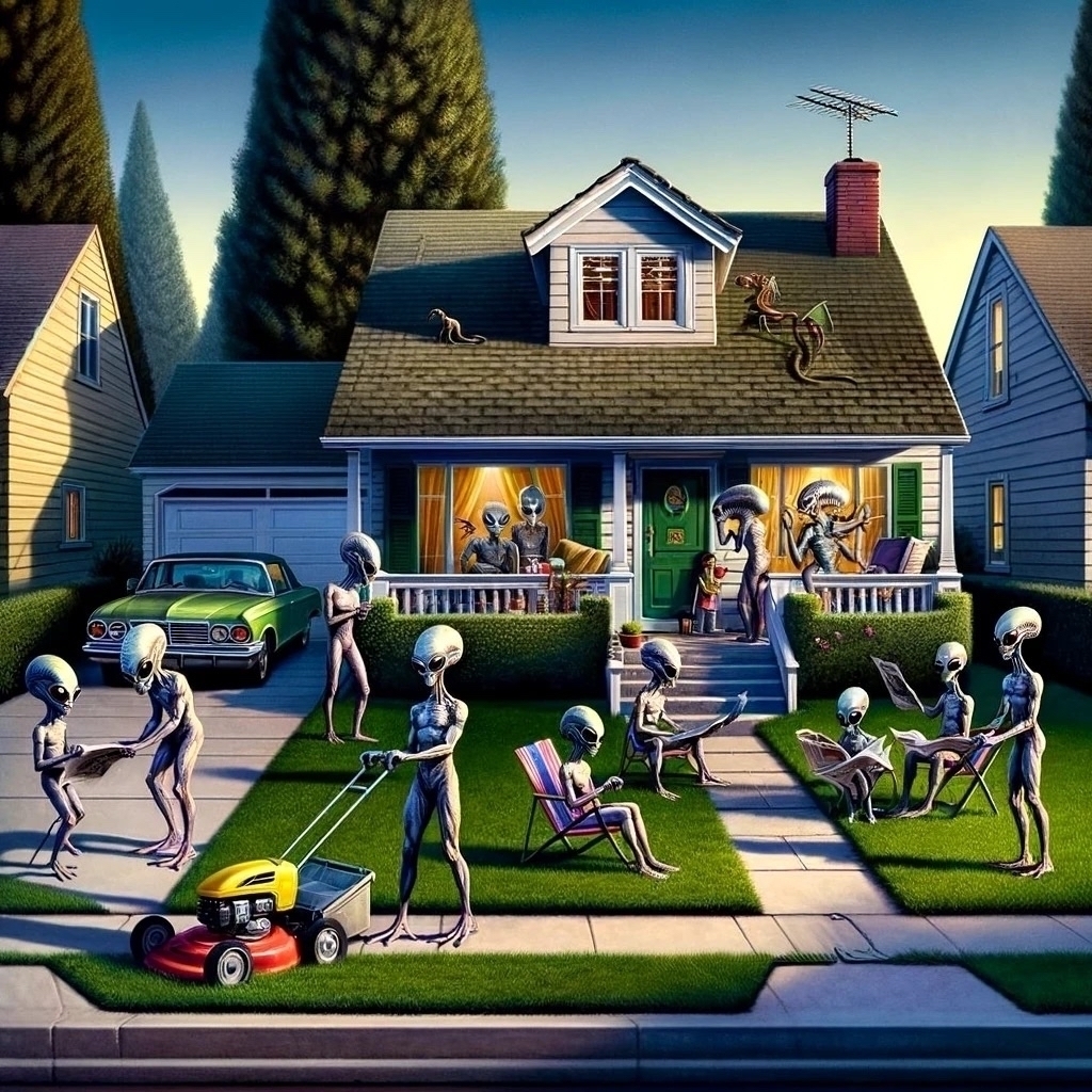 Dall-E image of aliens around a suburban house 