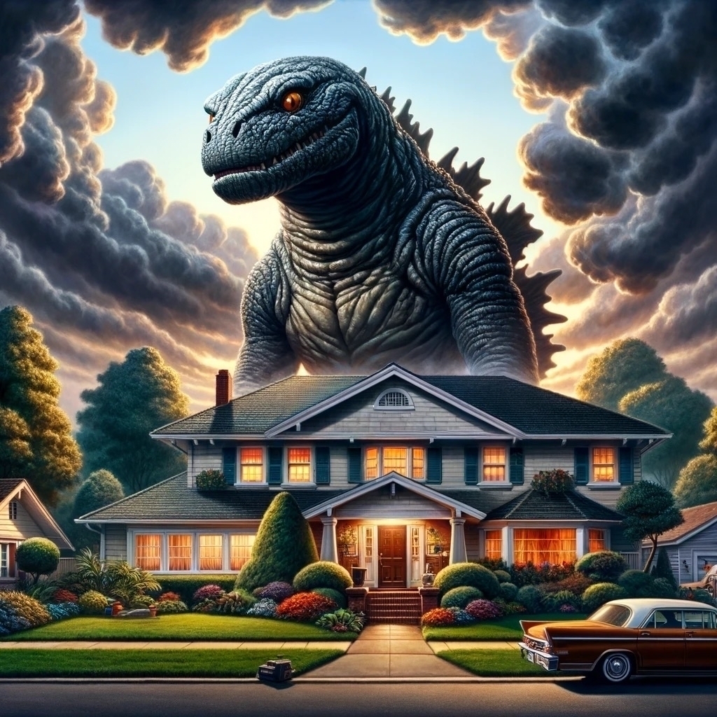 Dall-E image of a kaiju menacing a suburban house. 