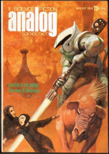 Cover of “Analog Science Fiction/Science Fact” magazine, August 1974 issue, featuring a knight in futuristic armor with a lance riding a large alien mammal, with two humanoid figures in distress in the background, under an orange sky