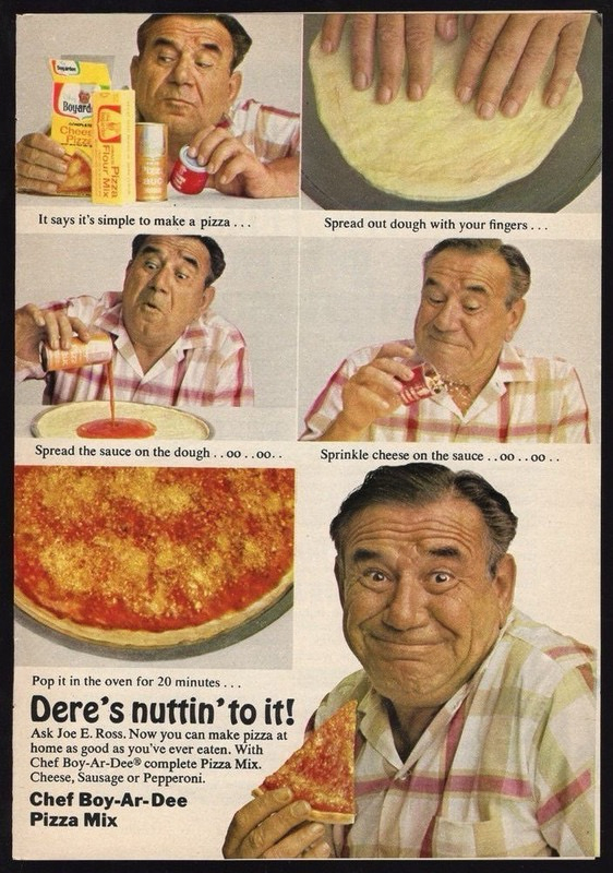 Vintage advertisement featuring a man demonstrating the steps to make pizza using a boxed pizza mix: holding the product, spreading dough, adding sauce, sprinkling cheese, and the cooked pizza, with the tagline “Dere’s nuttin' to it!