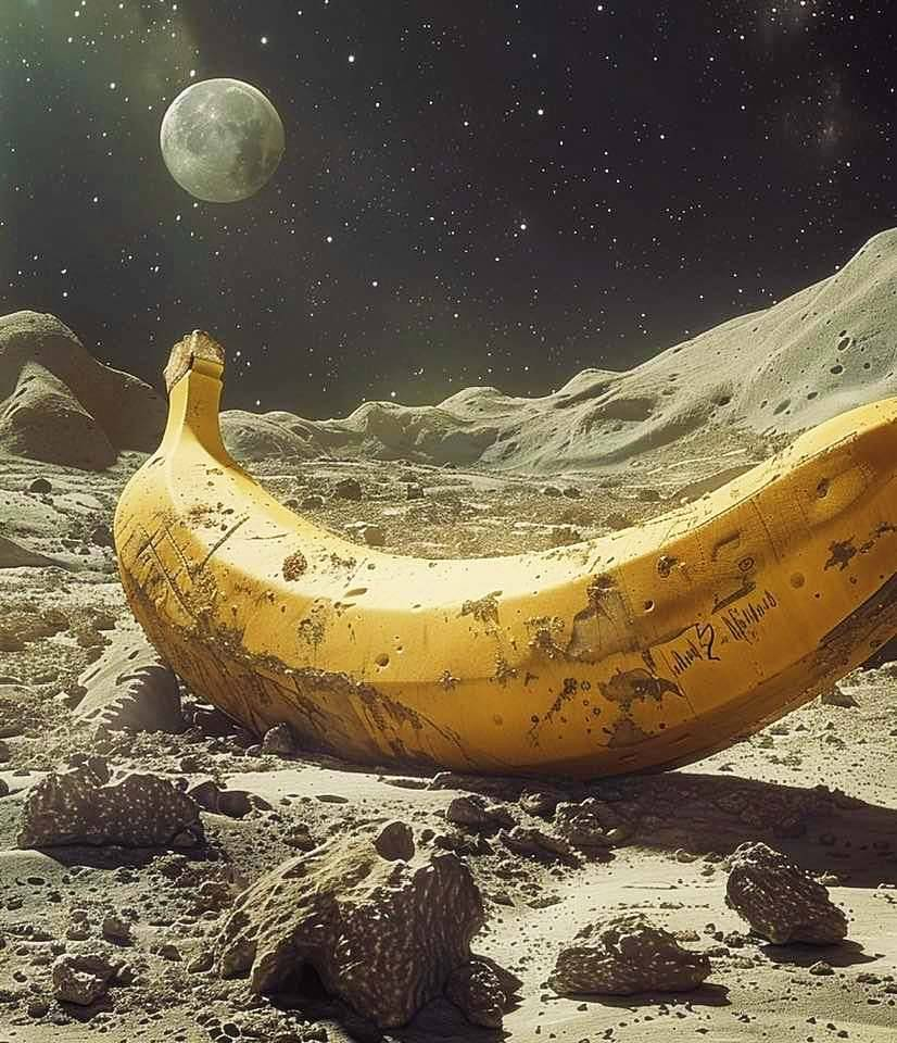 Auto-generated description: A giant, realistic banana is creatively depicted as a spacecraft on a lunar-like landscape with a distant view of Earth in the sky.