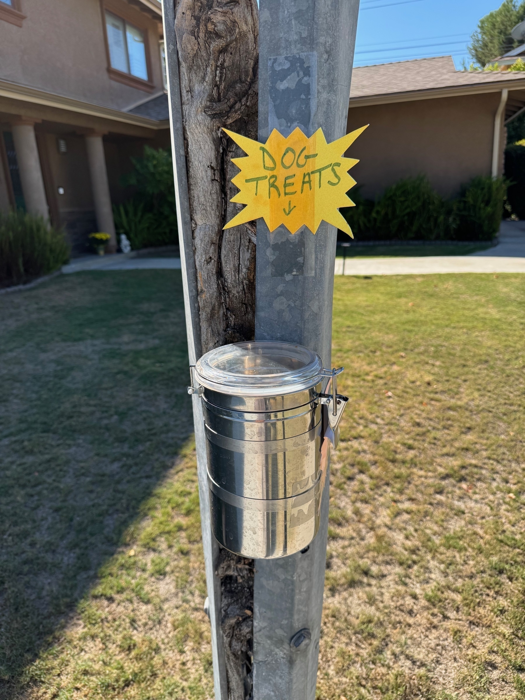 Silvery sealed canister affixed to a vertical pole in the front yard, with a yellow sign above reading DOG TREATS