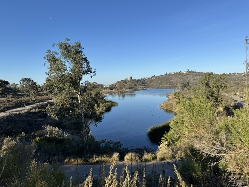 Still lake is surrounded by greenery and hills under a clear blue sky.