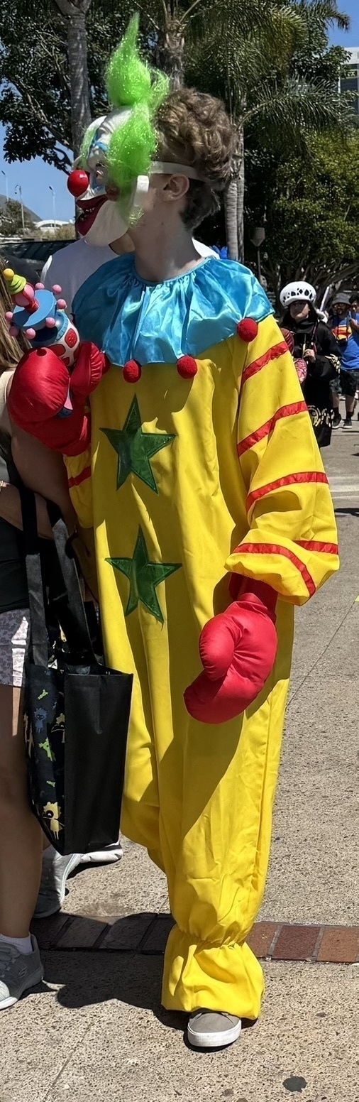 Auto-generated description: A person dressed in a bright yellow clown costume with red gloves, green stars, and a colorful wig is standing on a sidewalk.