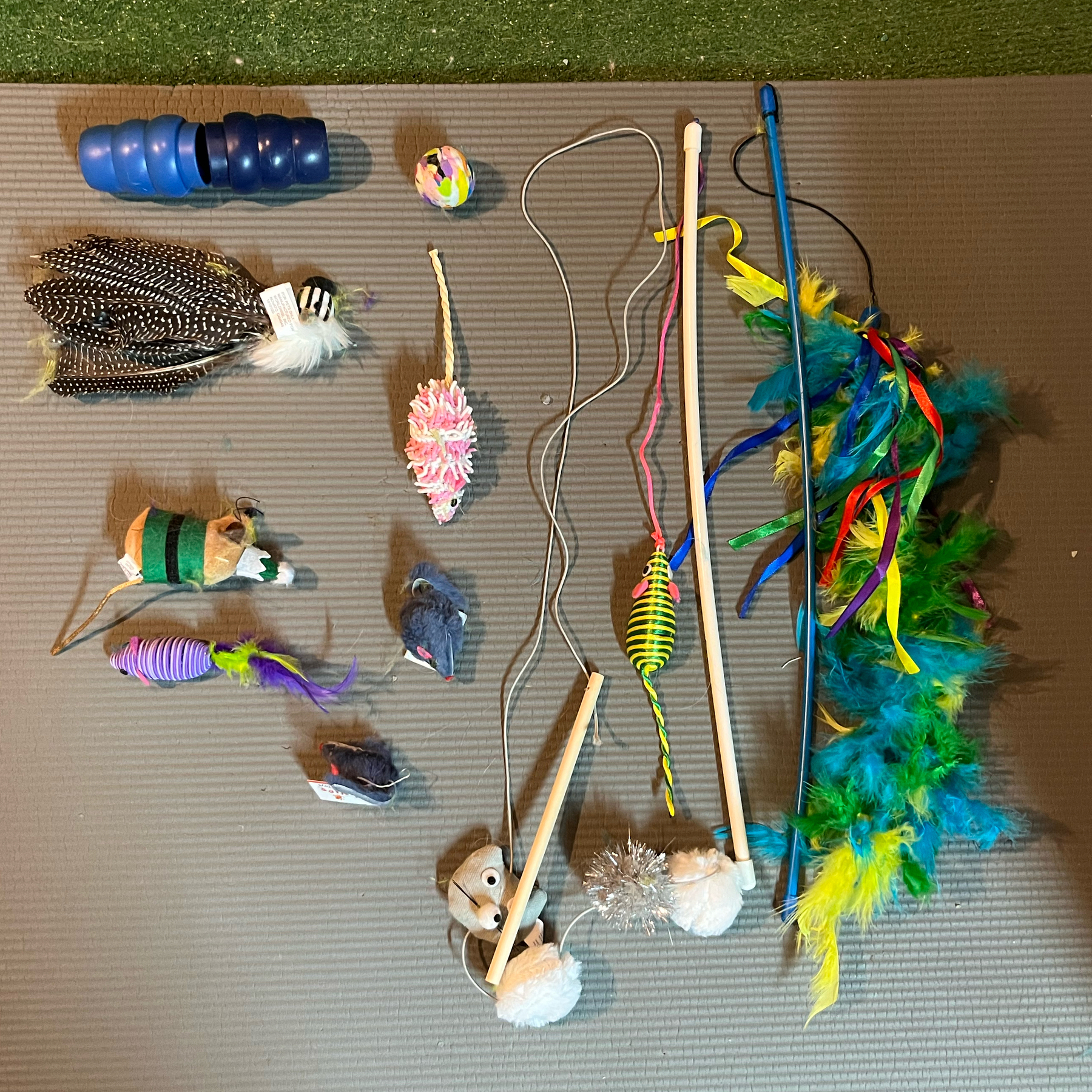 Assorted cat toys on a mat.