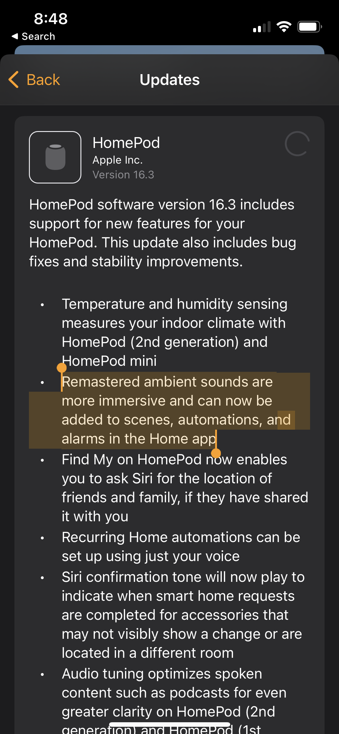 HomePod software update notes highlighting that “Remastered ambient sounds are more immersive and can now be added to scenes, automations, and alarms in the Home app”