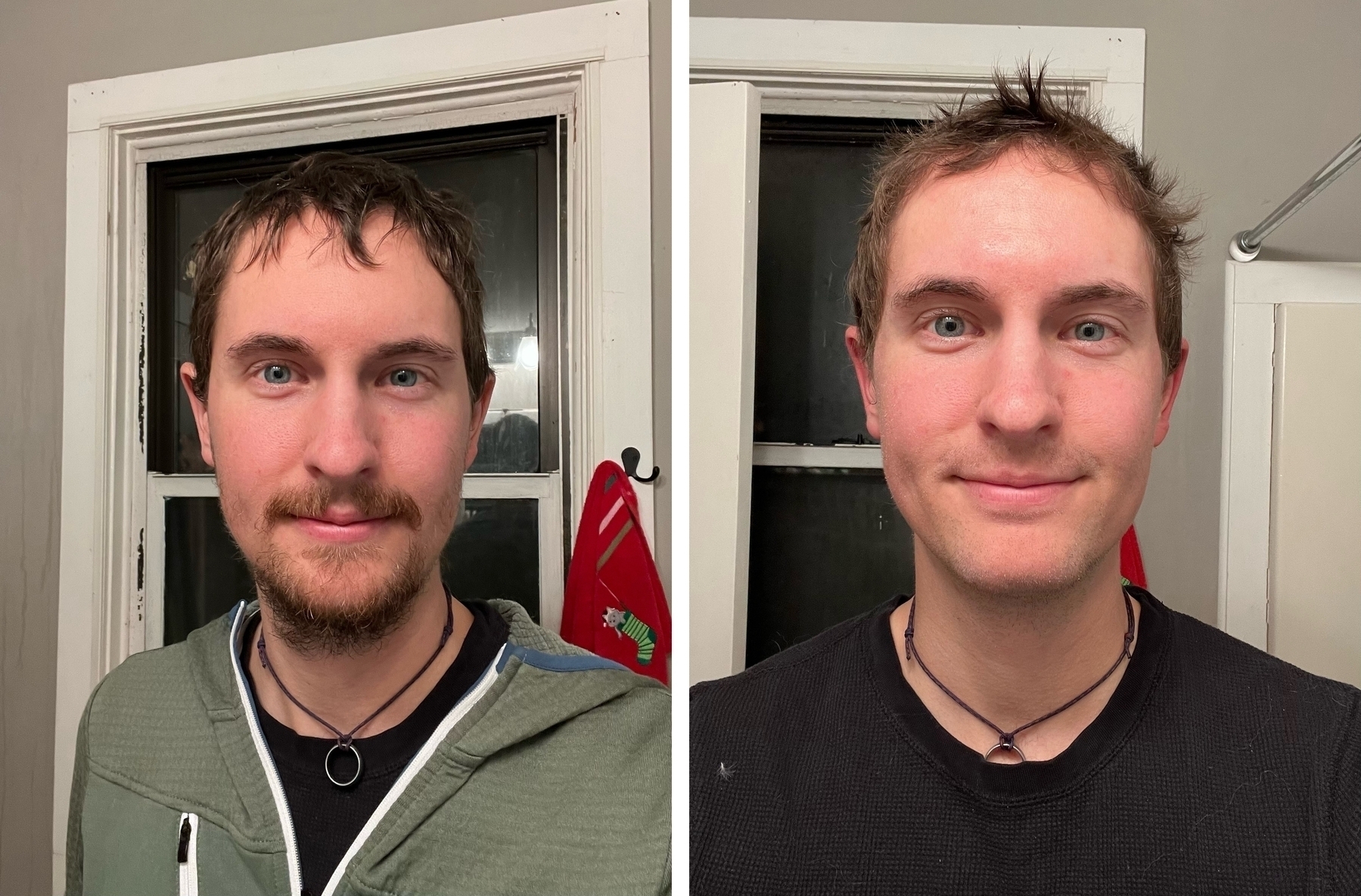 Two photos of a late 20s man. Left with long-ish facial hair, right with fresh shaven face.