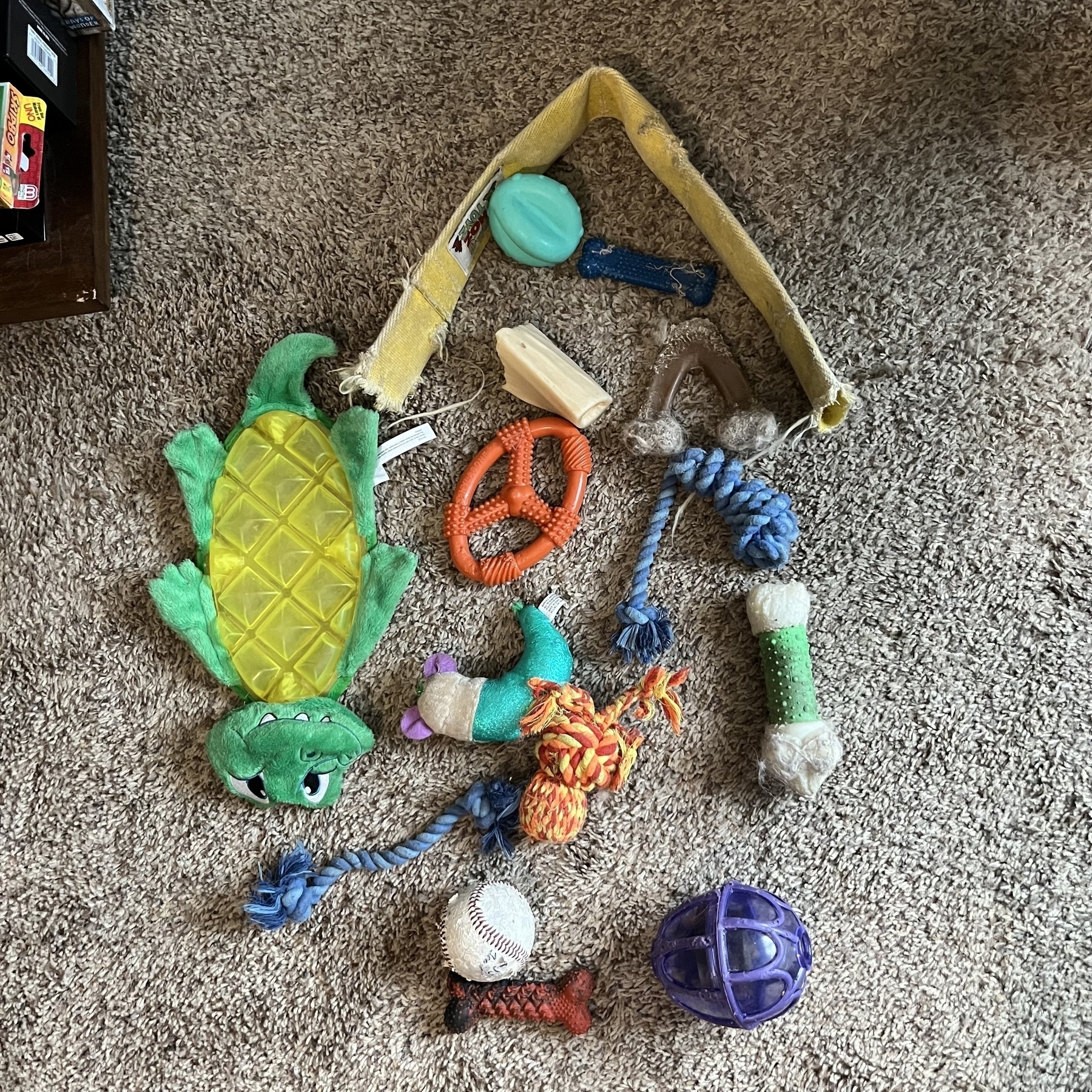 15 dog toys on the floor.