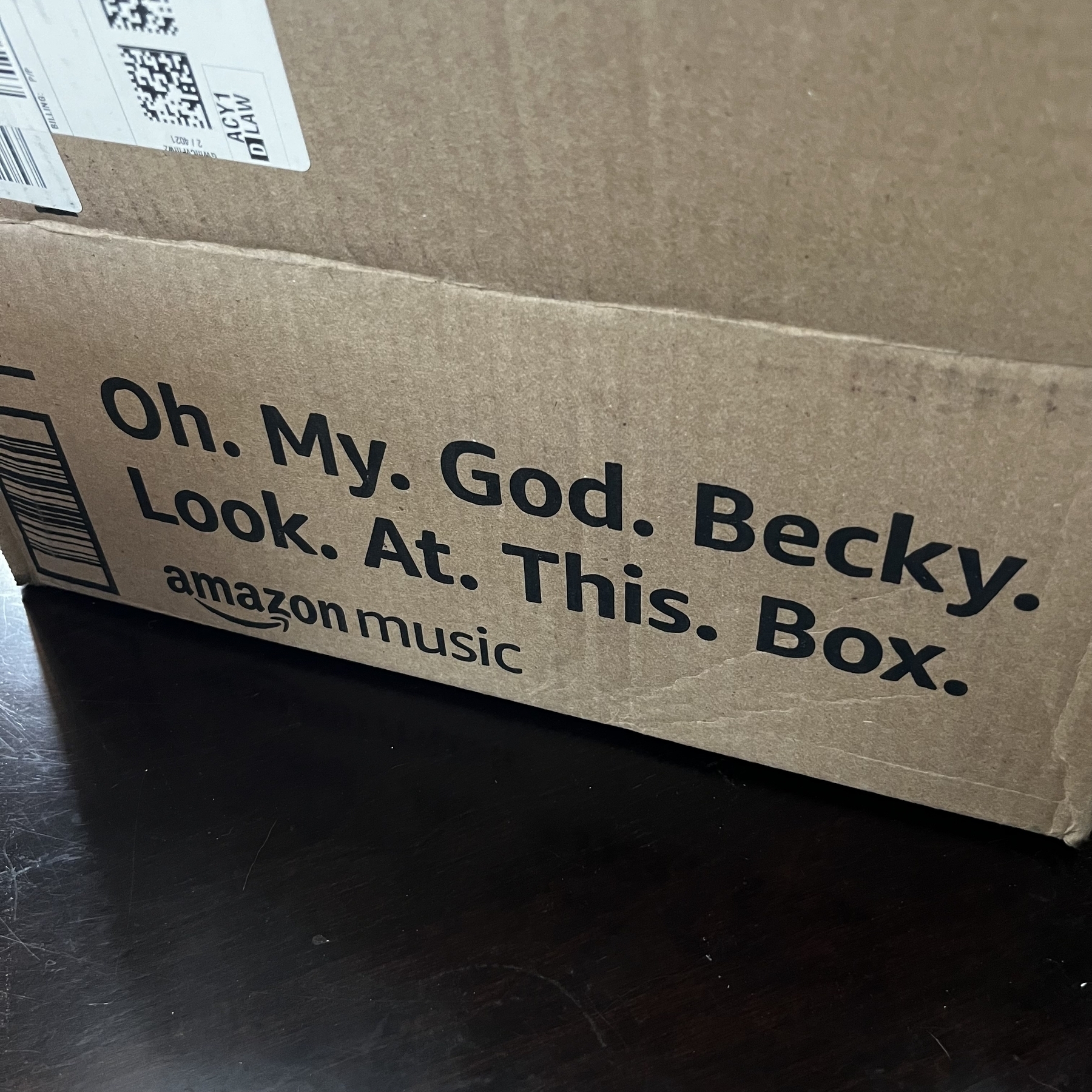 A cardboard box inscribed with “Oh. My. God. Becky. Look. At. This. Box.”