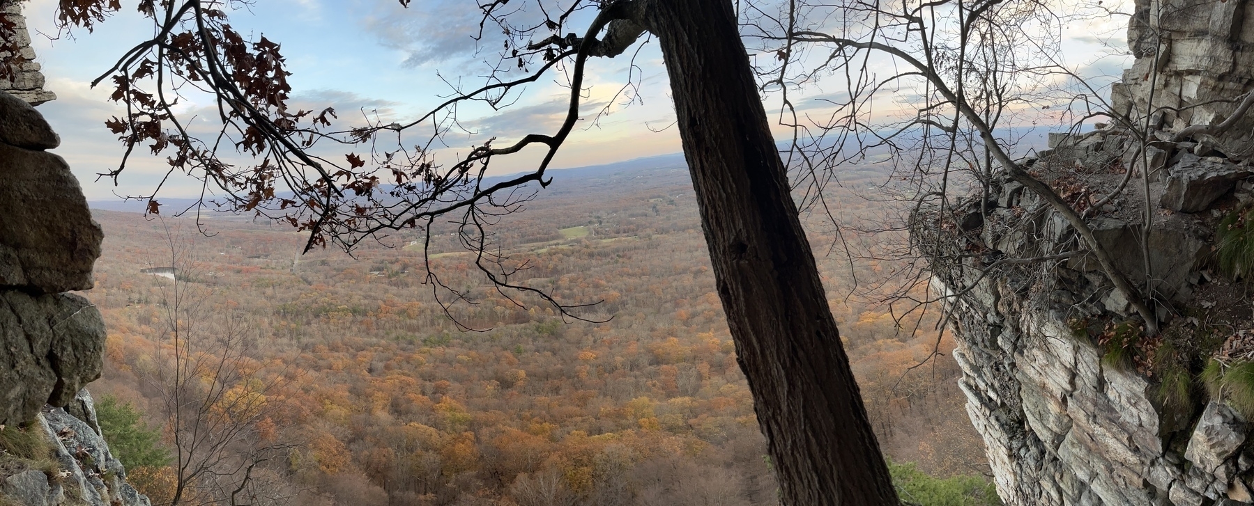 Panoramic view of an autumnal New Paltz, NY from the Gunks cliffs.
