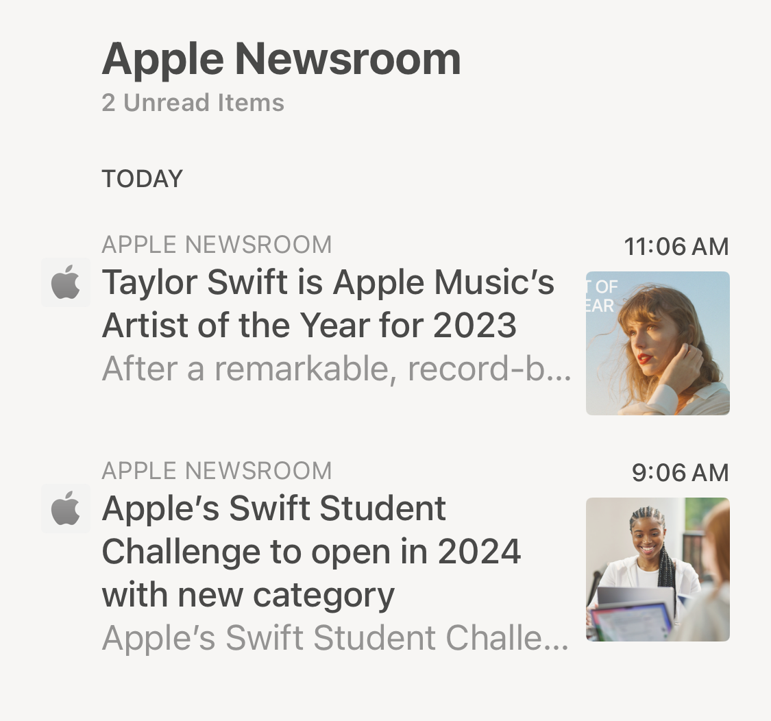 RSS items for Apple’s newsroom with two articles mentioning Taylor Swift and Swift Student Challenge.