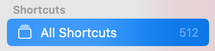 The ‘All Shortcuts’ section in the Shortcuts app showing a total of 512 shortcuts.