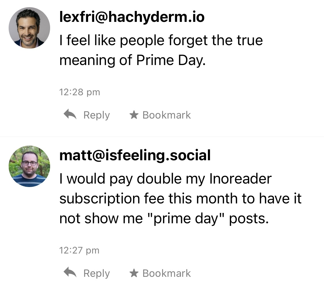 Two social media posts right next to each other, one joking about missing the true meaning of Prime Day, the other wishing to see fewer Prime Day posts.