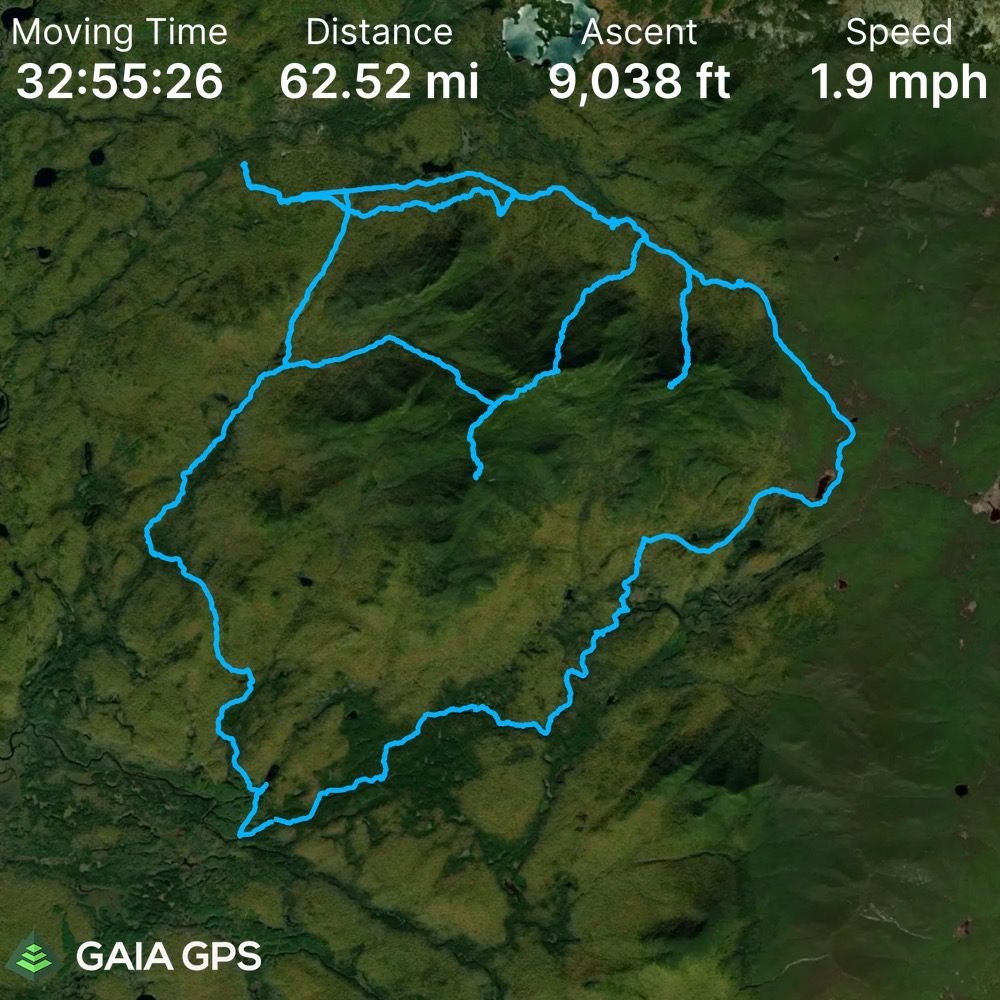 A Gaia GPS satellite map view of a trek totaling 62+ miles in distance with 9000+ feet of elevation over 32 hours of travel time.