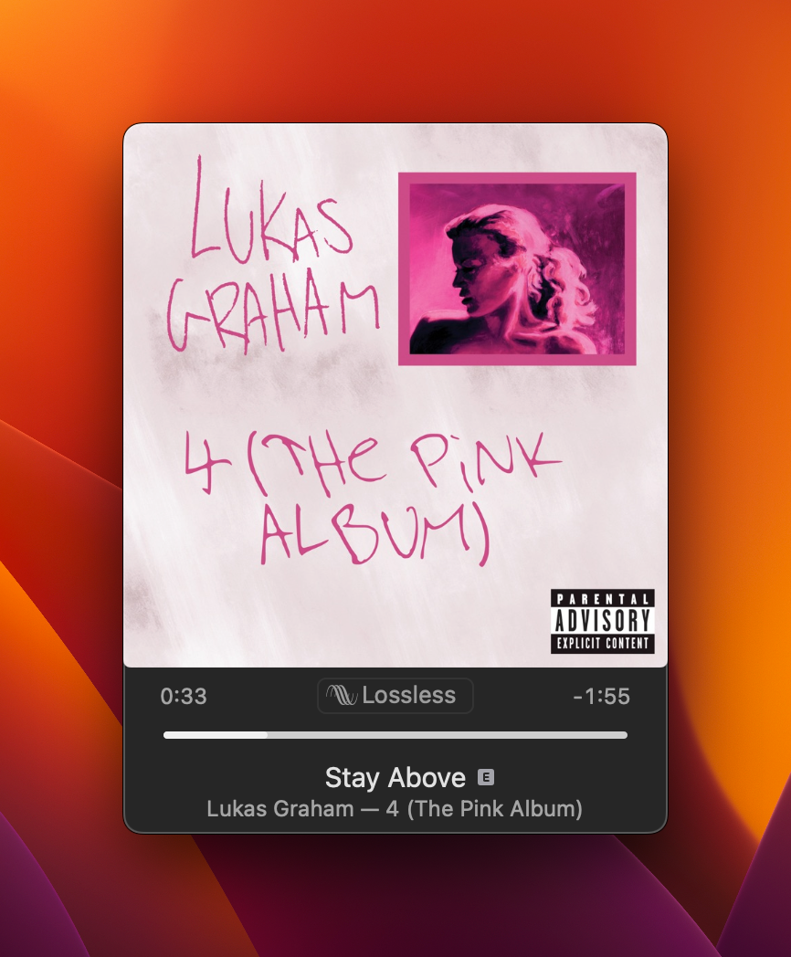 The iTunes mini-player playing “Stay Above” by Lukas Graham on ‘4 (The Pink Album)’