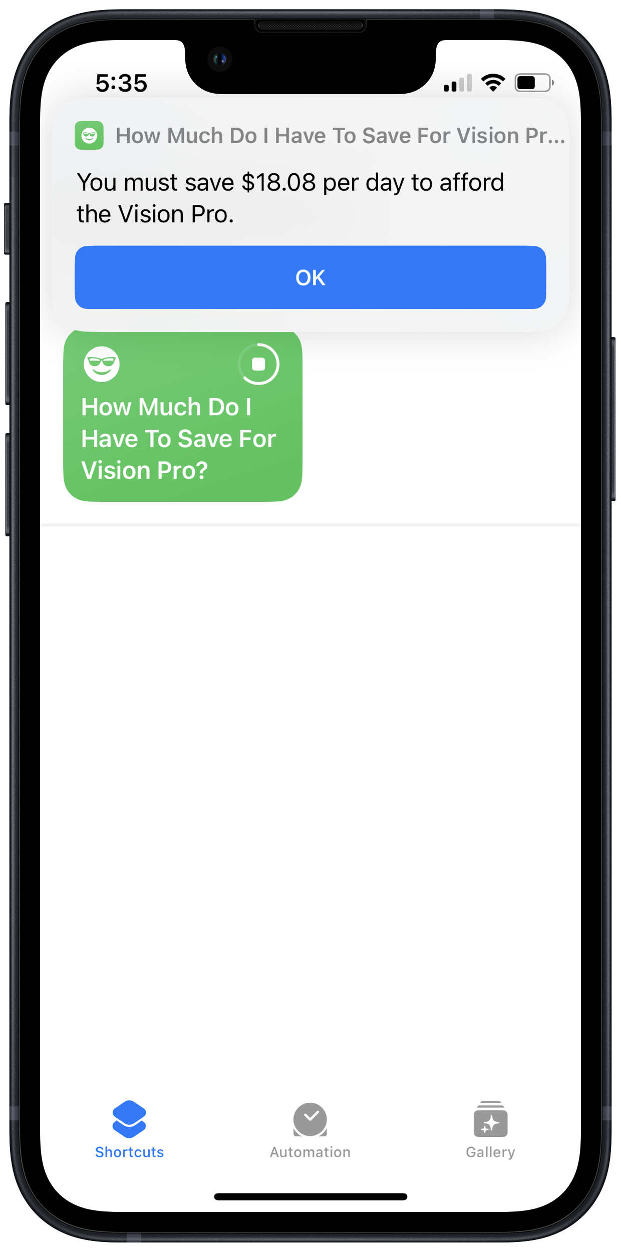 A shortcut showing you have to save $18.08 per day to afford the Vision Pro.