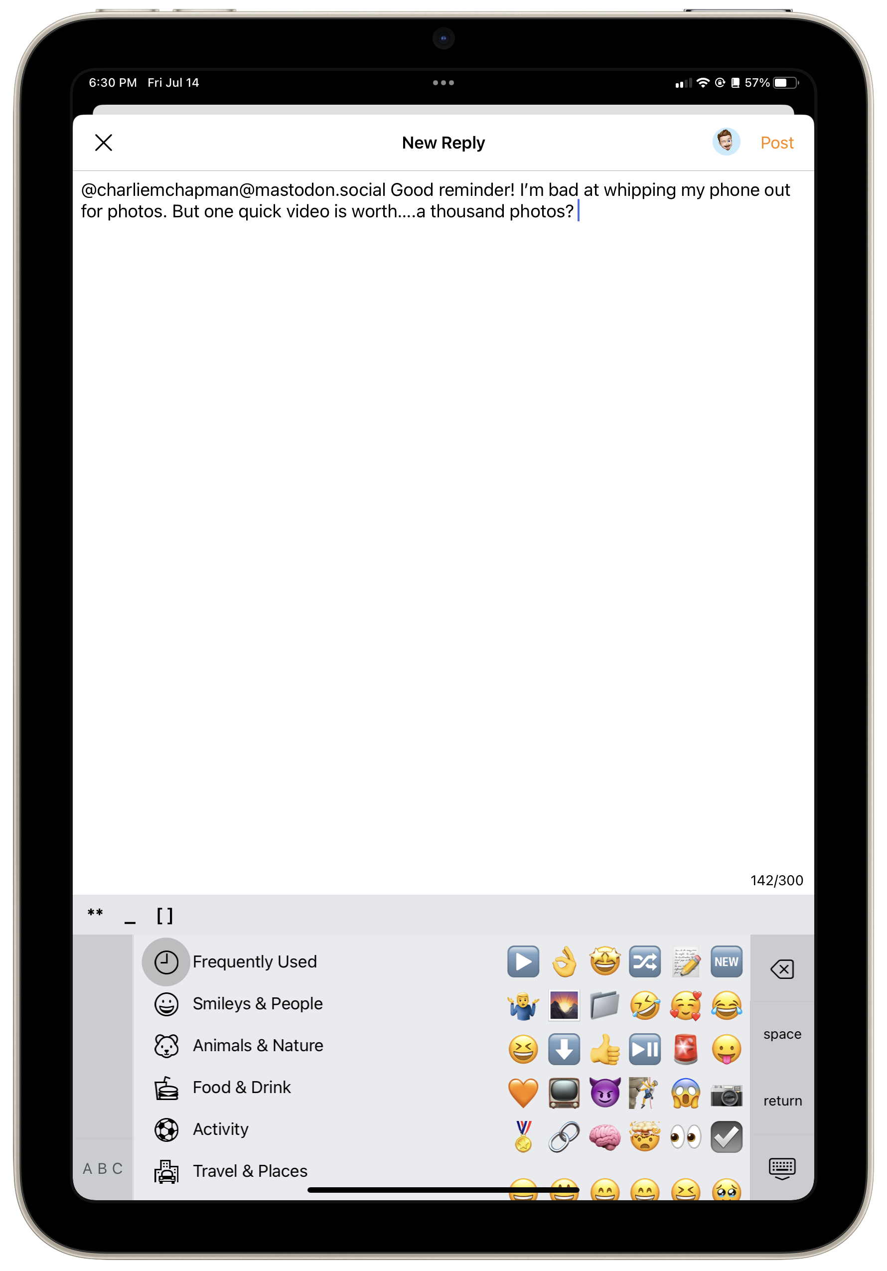 iPad text composition screen with split view keyboard in portrait orientation, with emoji categories on the left and vertically scrolling emoji list on the right.