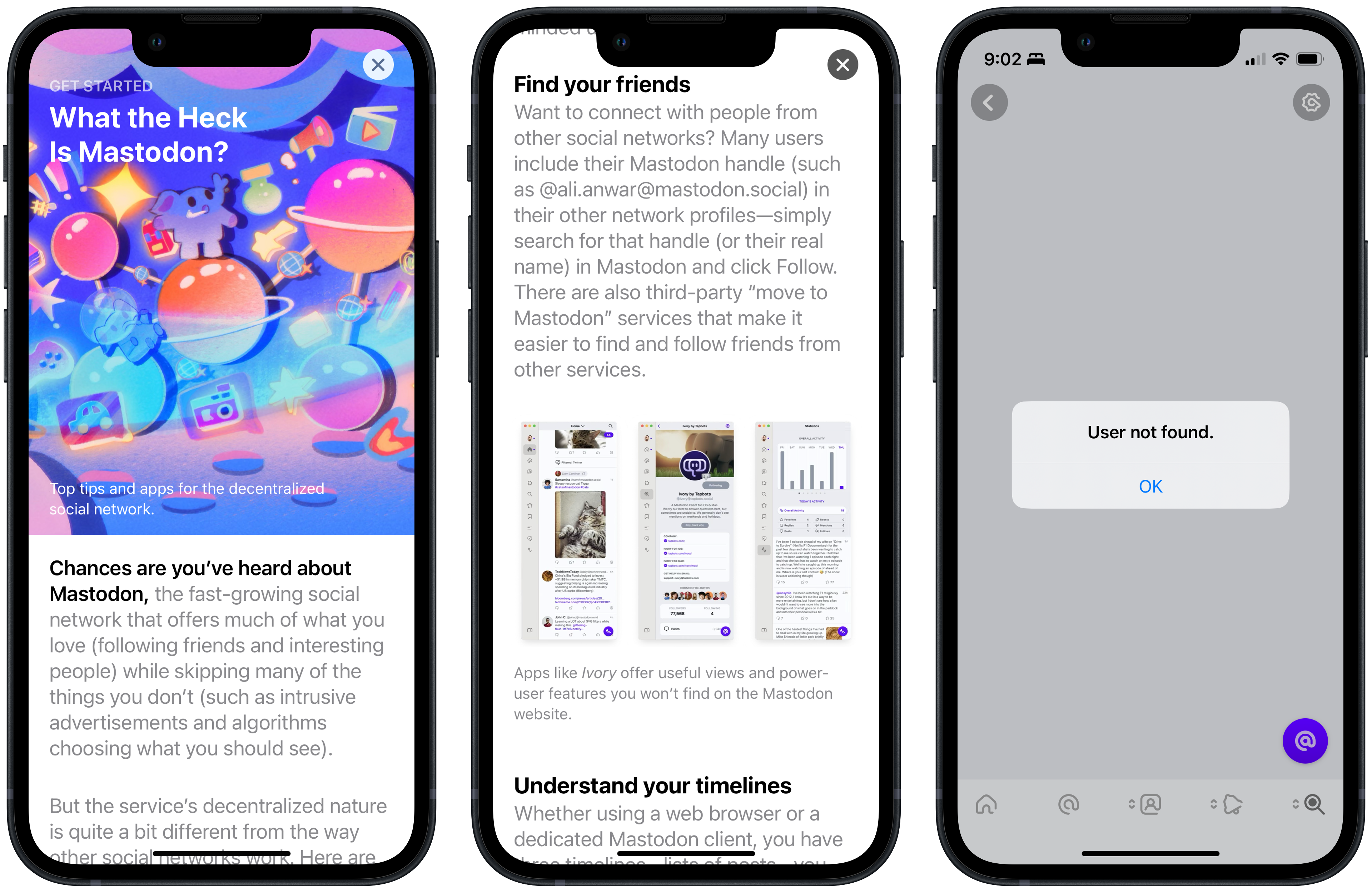 App Store story explaining Mastodon, and mentioning the @ali.anwar@mastodon.social account. Later, a search for that account results in no user found.
