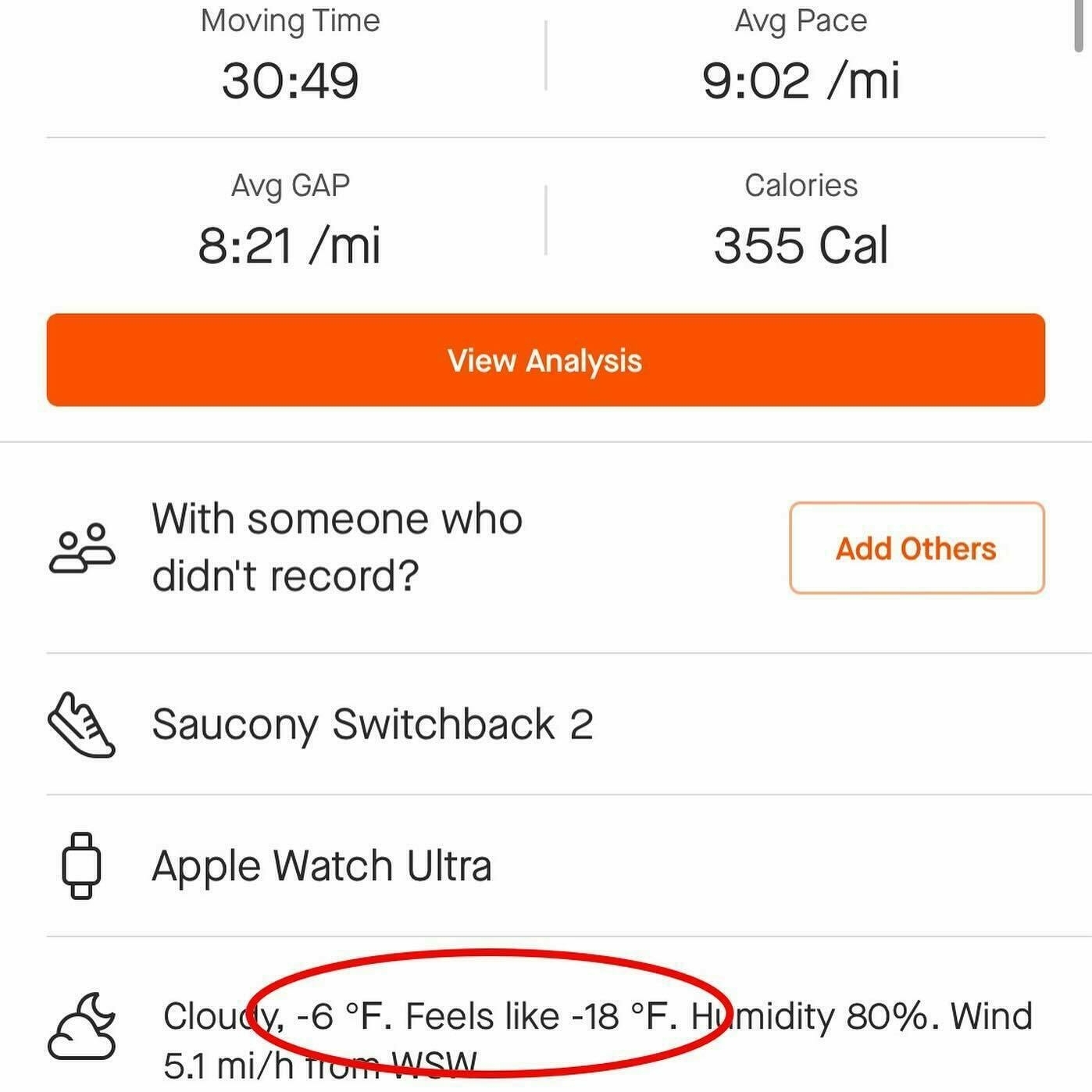 This is a screenshot of a fitness tracking app, displaying exercise stats such as Moving Time, Avg Pace, Calories, and weather conditions highlighted as &ldquo;-6°F, Feels like -18°F. Humidity 80%. Wind 5.1 mi/h from WSW.&quot;