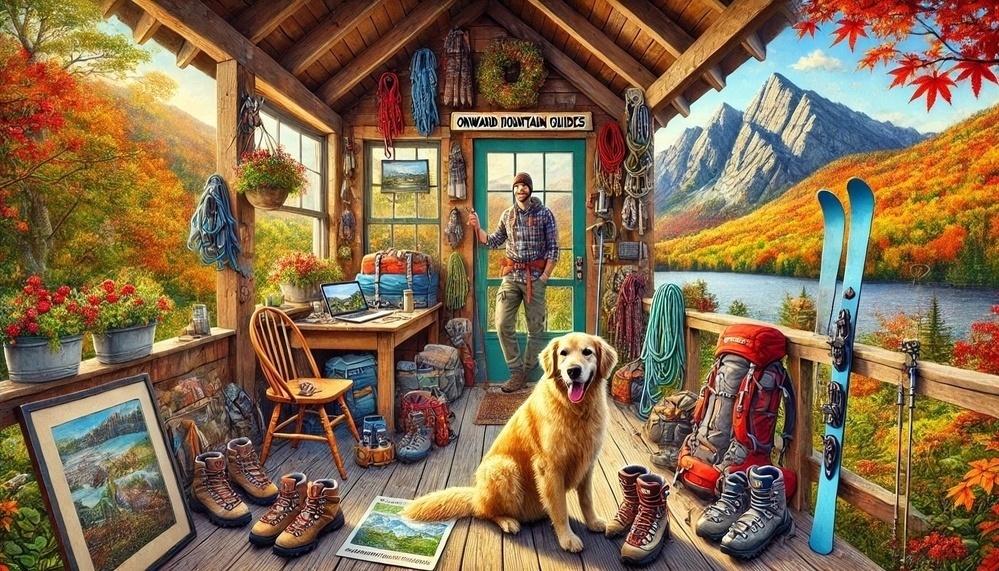 A golden retriever sits inside a wooden cabin filled with hiking gear and potted flowers Onward Mountain Guides sign above door Autumn mountains and lake visible through windows