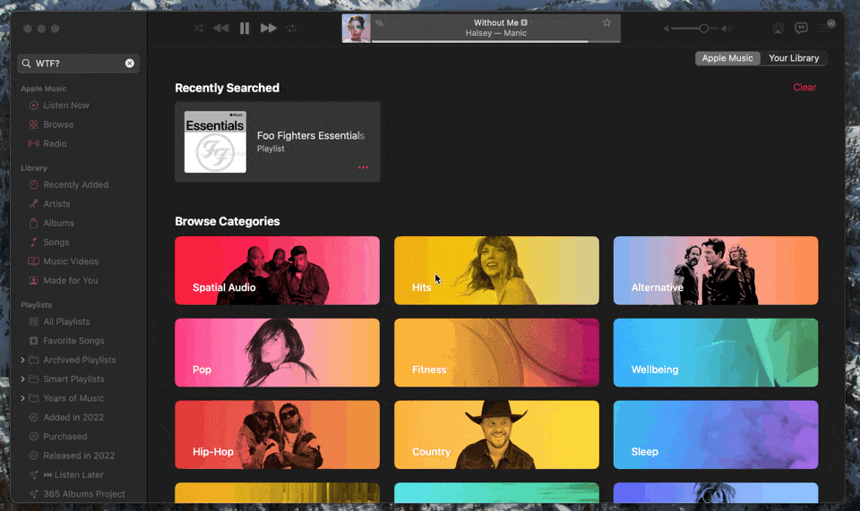 Screen recording of the Mac’s Music app showing that the search field scrolls out of view with the source/playlist list.