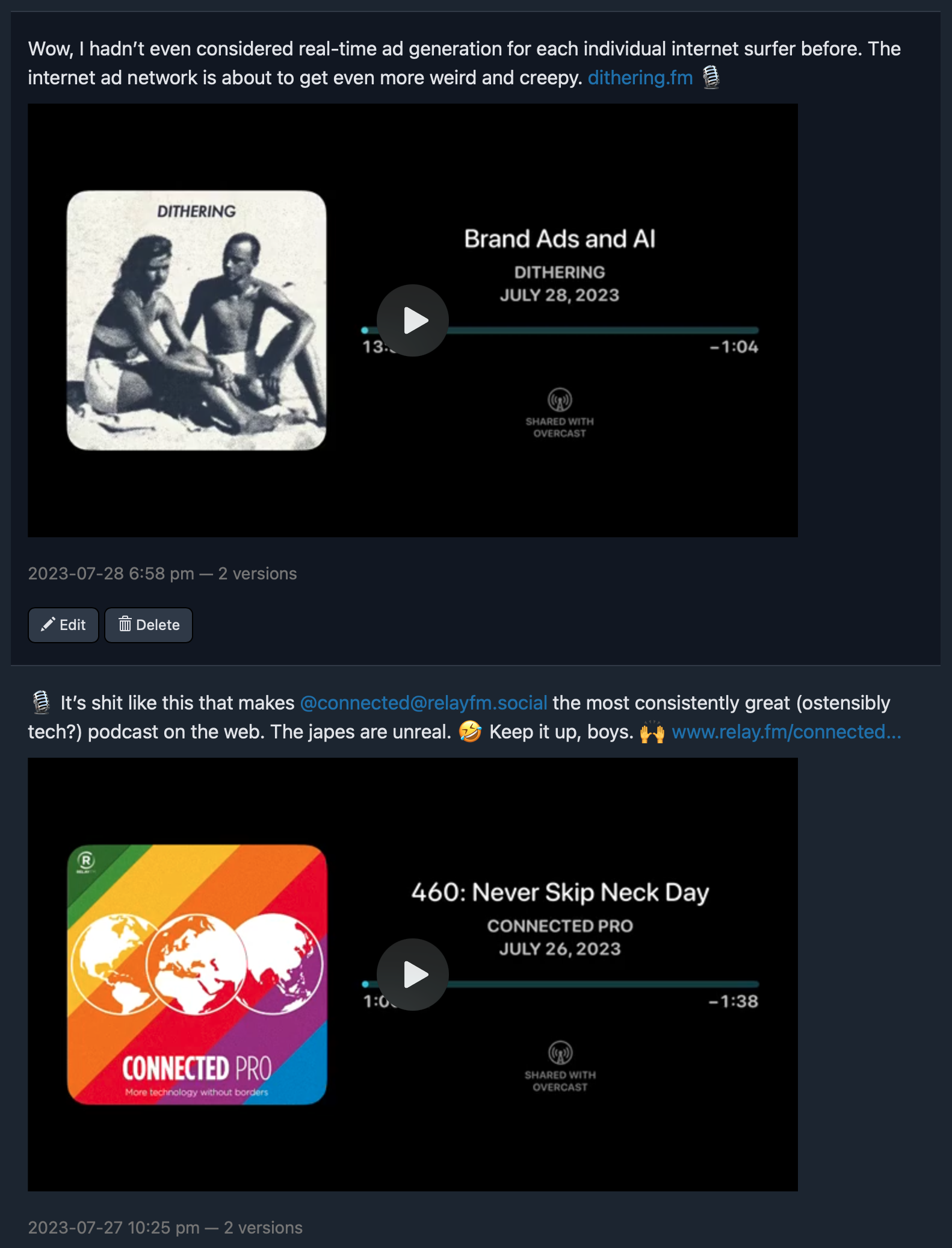 Two microblog posts with video clips linking to podcast episodes, one with the 🎙️ emoji at the beginning and one with it at the end.