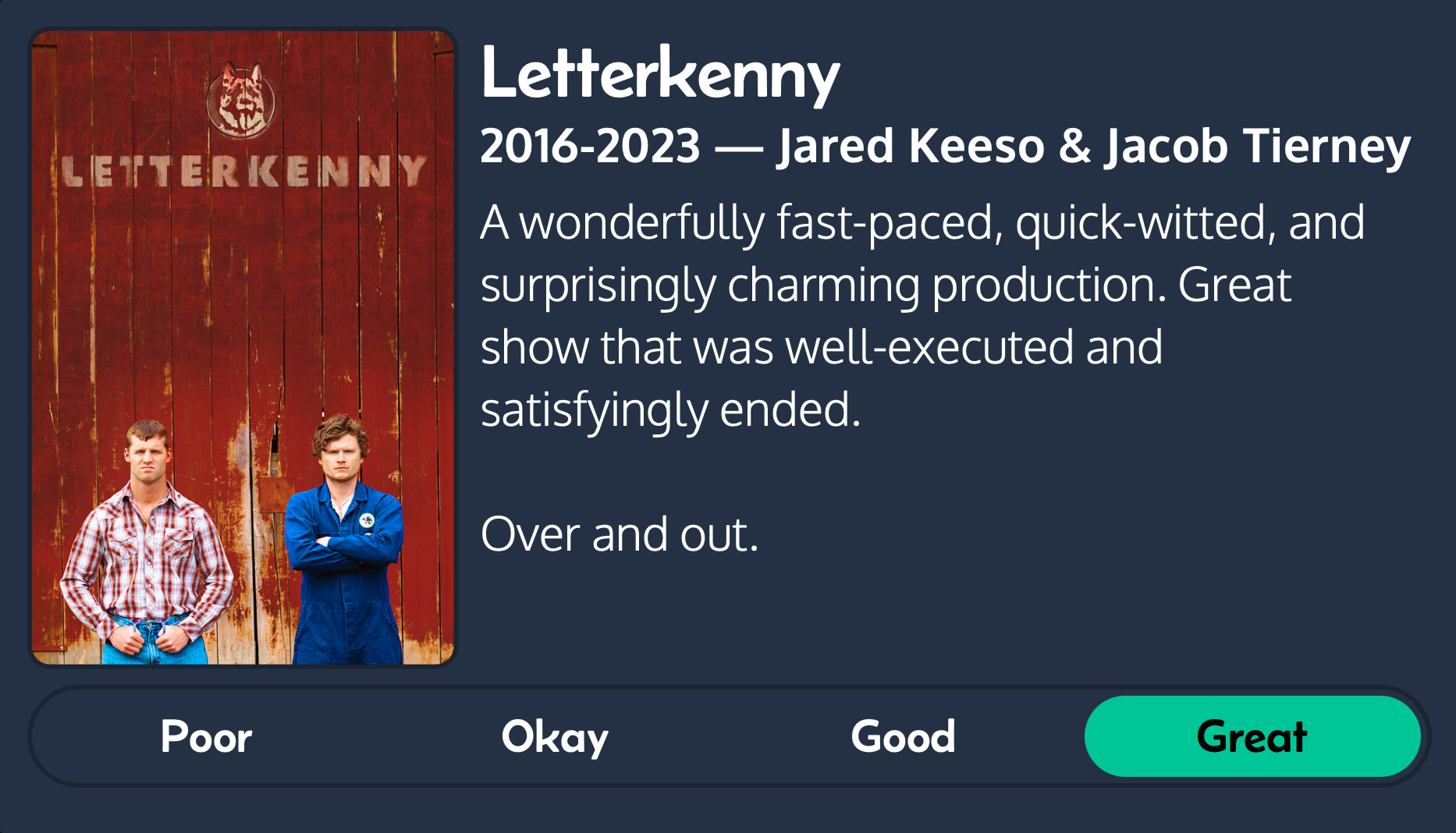 Two men stand arms crossed in front of a red wall with &ldquo;LETTERKENNY&rdquo; written on it. Text: &ldquo;Letterkenny 2016-2023 — Jared Keeso &amp; Jacob Tierney A wonderfully fast-paced, quick-witted, and surprisingly charming production. Great show that was well-executed and satisfyingly ended. Over and out.&rdquo; Buttons below read &ldquo;Poor,&rdquo; &ldquo;Okay,&rdquo; and &ldquo;Good,&rdquo; with &ldquo;Great&rdquo; selected.