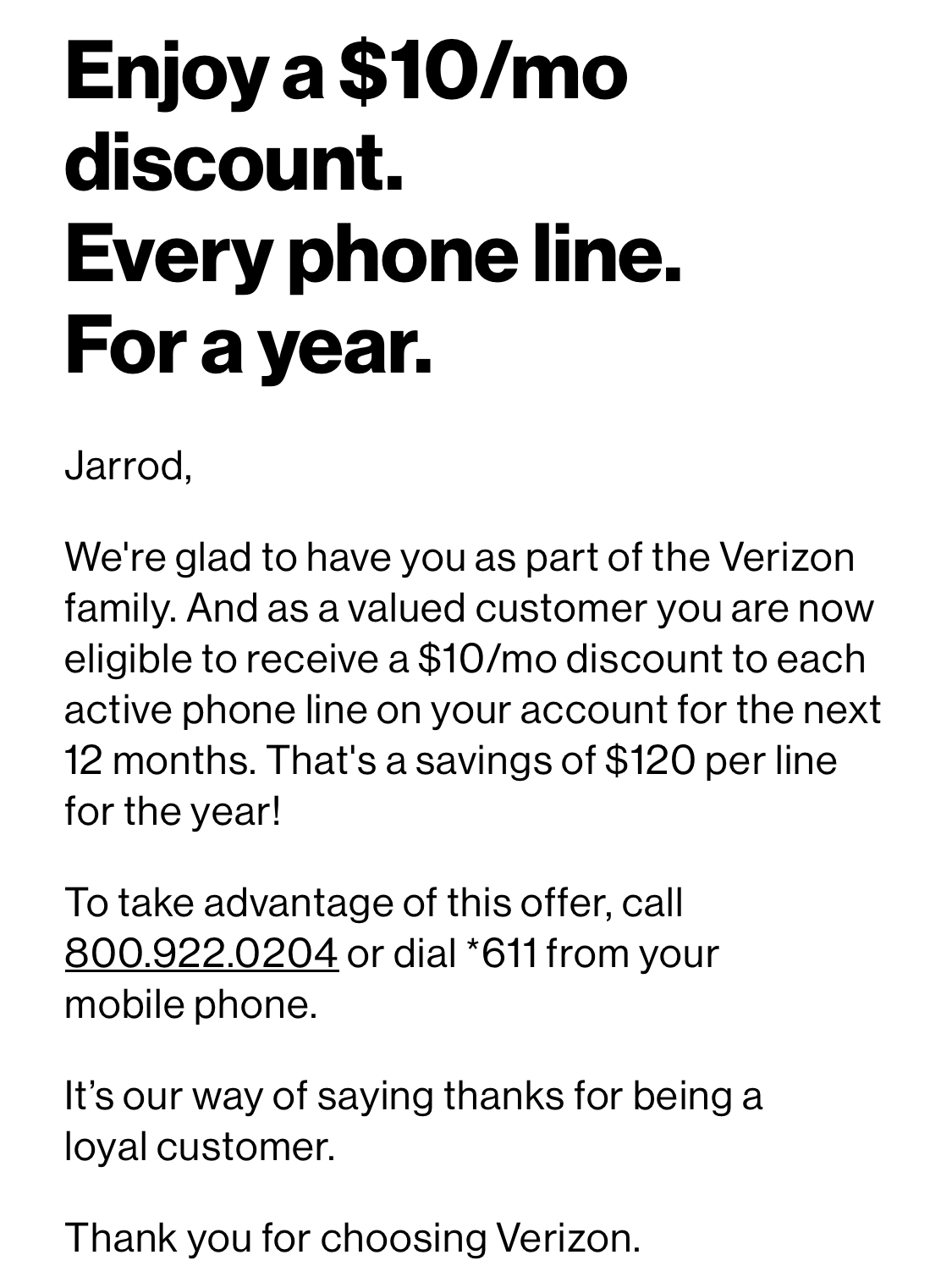 Text advertisement offers a $10/month discount on every phone line for a year to a person named Jarrod, expressing gratitude for loyalty to Verizon. Customer service numbers are provided.