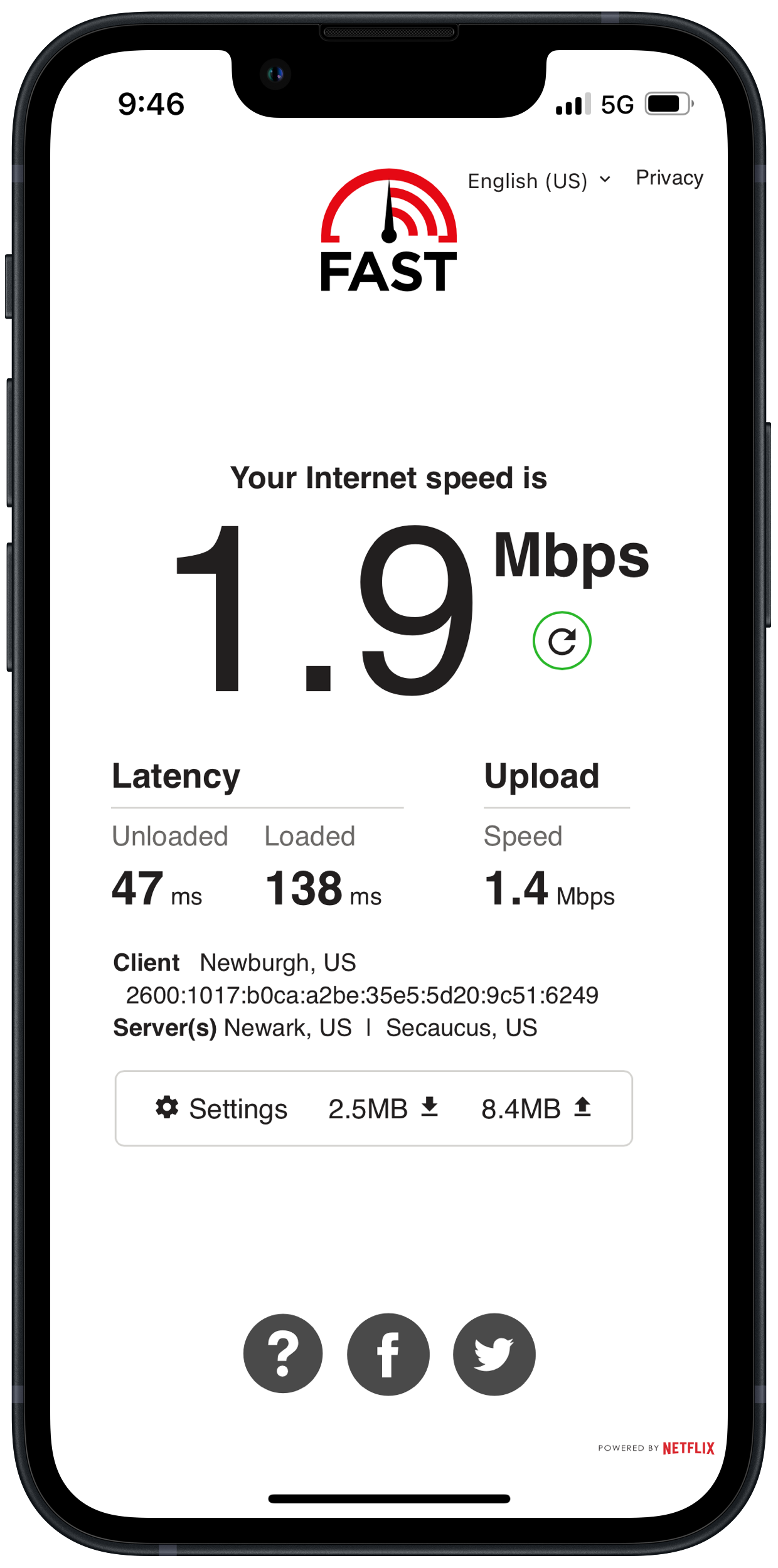 A smartphone displays internet speed results: 1.9 Mbps download, 1.4 Mbps upload, with latency measurements, against a white background with a FAST logo at the top.