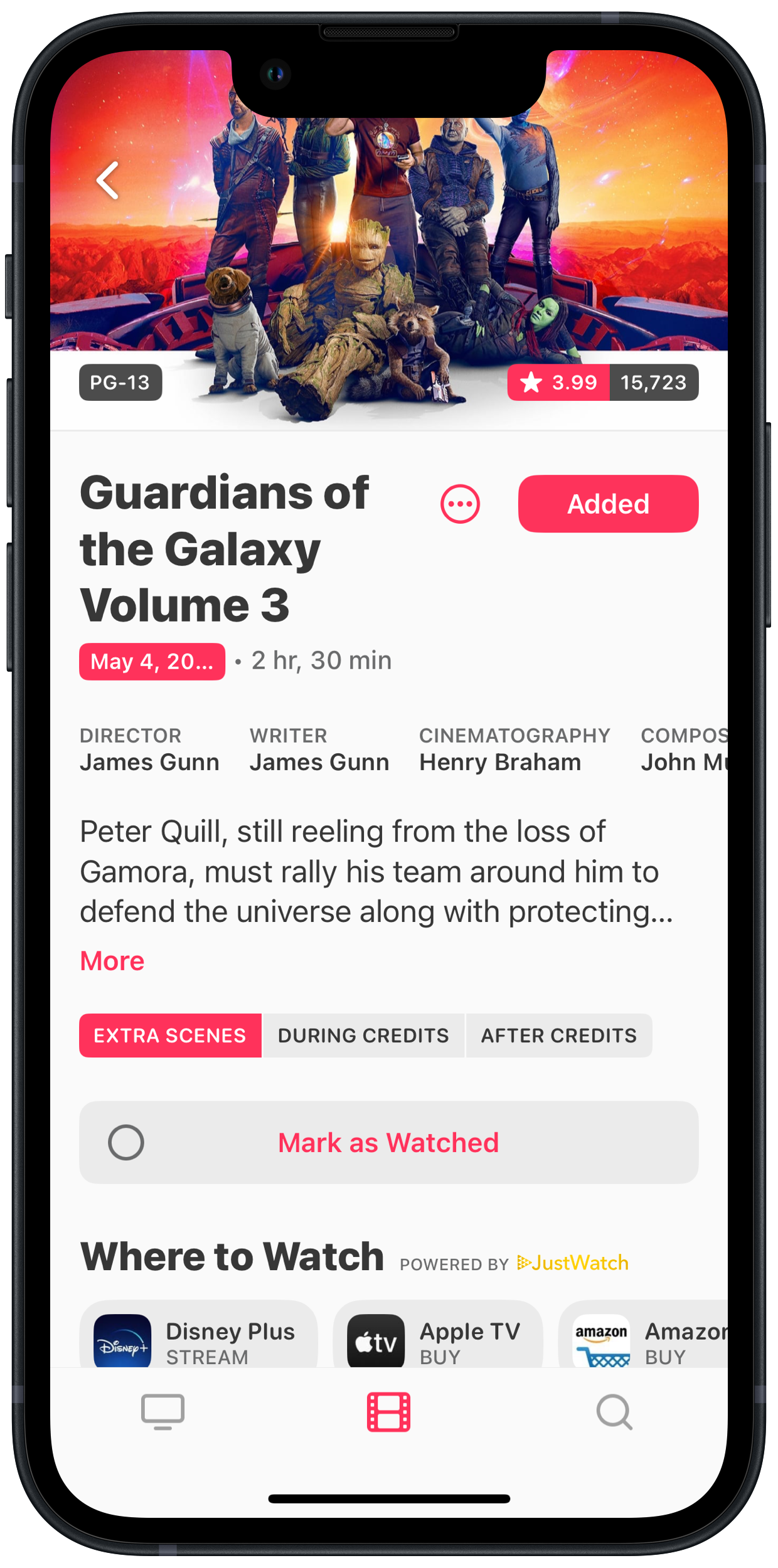 A smartphone screen displays a TV Forecast’s listing for &ldquo;Guardians of the Galaxy Volume 3&rdquo; with a colorful group of characters, and details about the film below including the release date, rating, and viewing platforms.