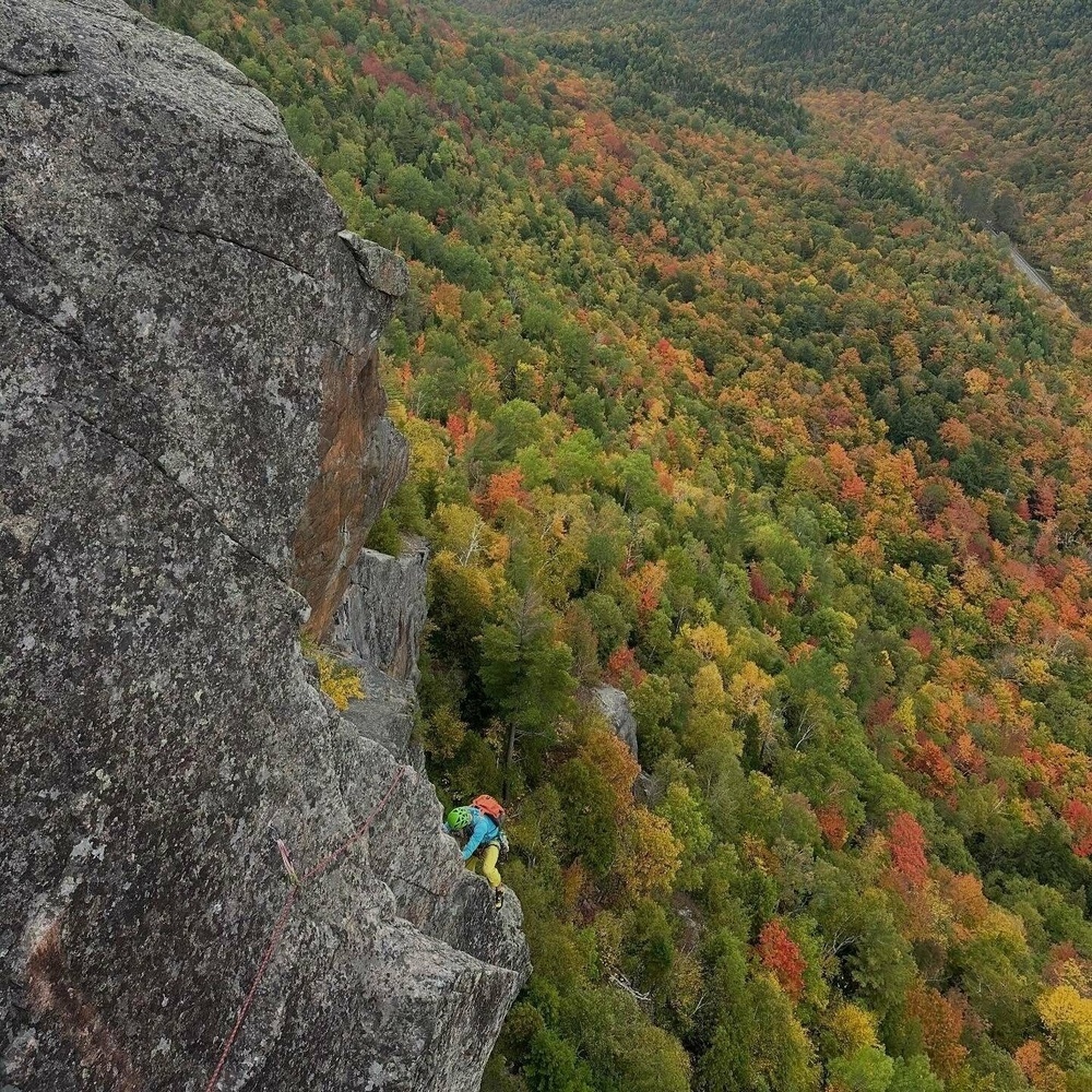 Climber ascending a steep rocky cliff face using ropes while surrounded by a dense forest exhibiting vibrant autumn foliage in shades of green red and orange in a remote mountainous region.